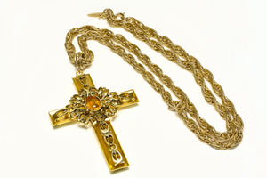 Vintage Whiting & Davis Brown Crystal Cross Pendant Necklace