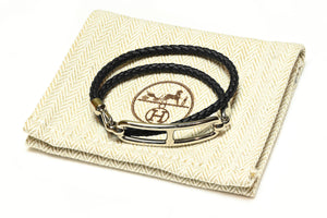 Hermes Paris Black Leather Roulis Double Tour Bracelet