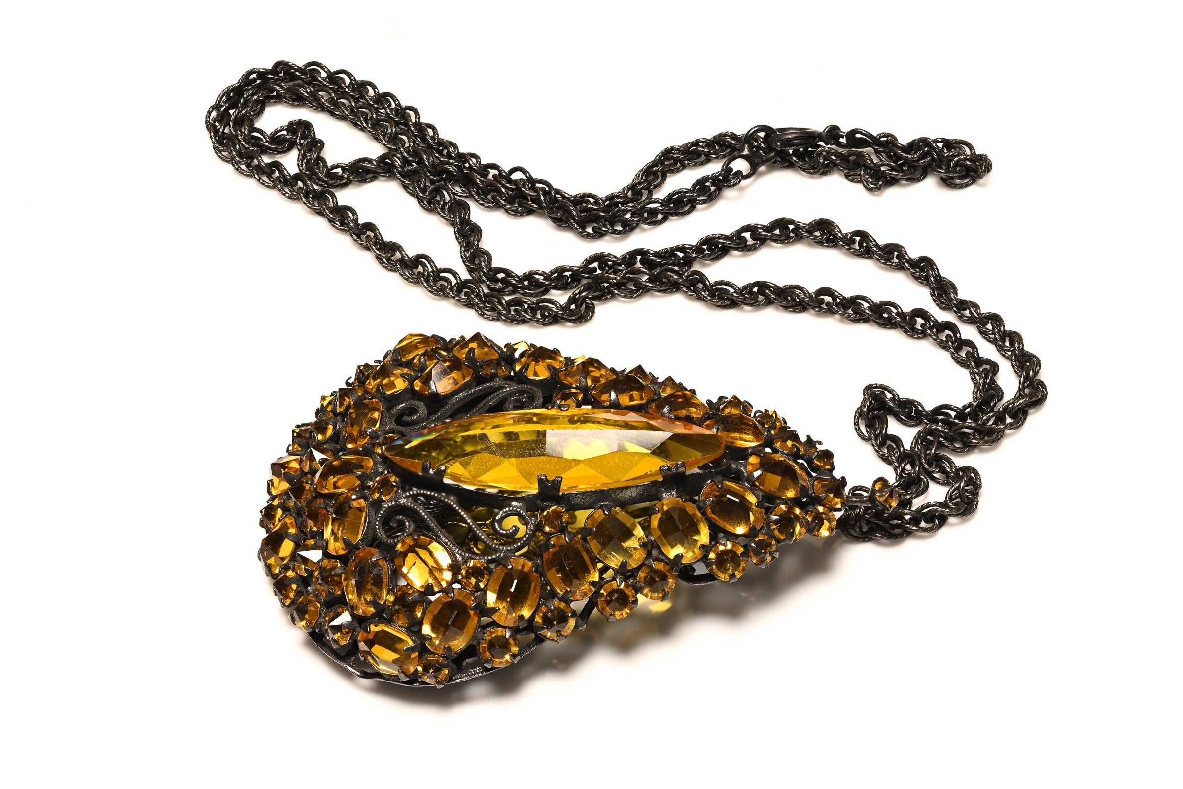 Schreiner NY 1950's Brown Inverted Crystal Chain Filigree Pendant Necklace