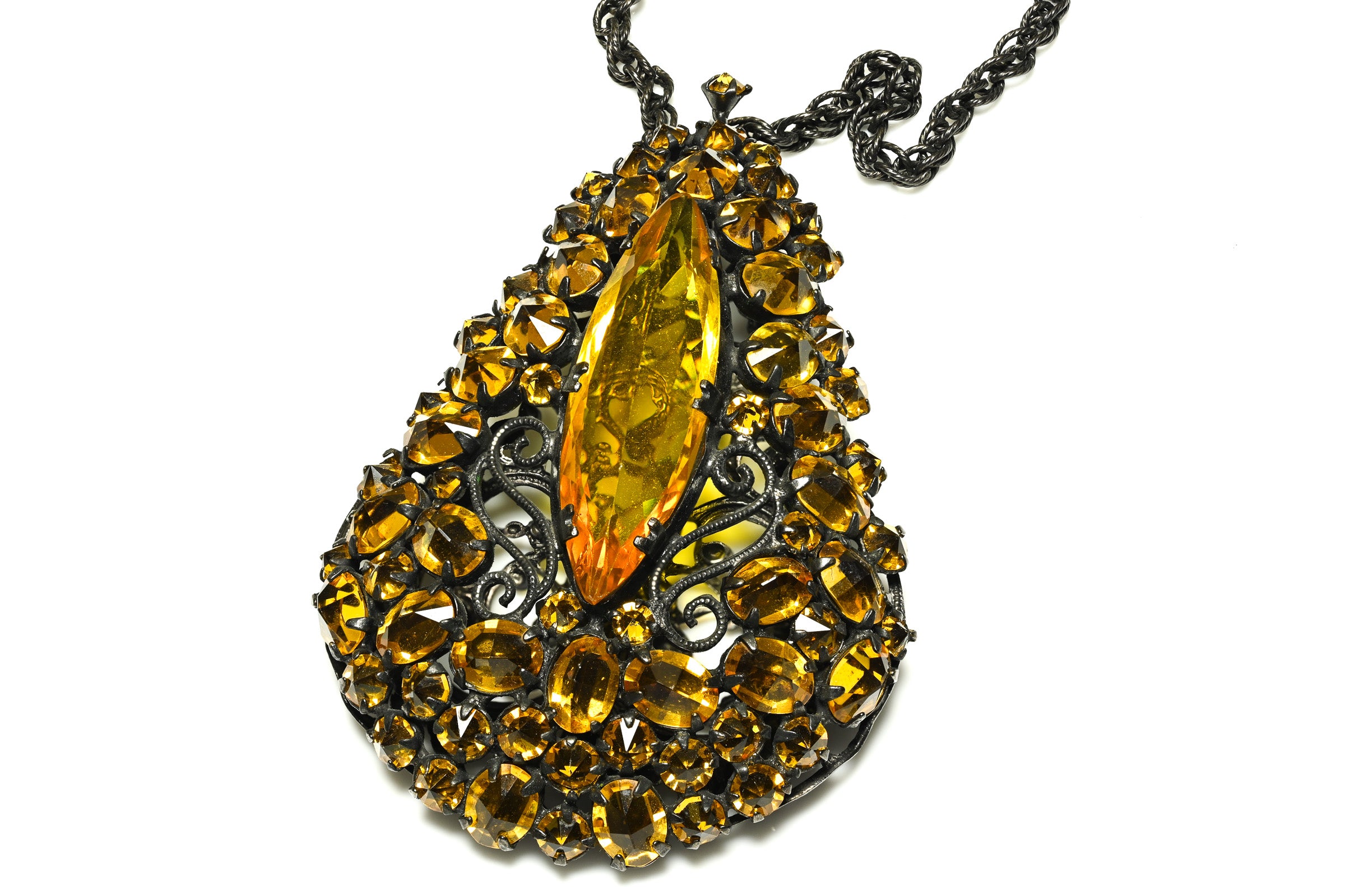 Schreiner NY 1950's Brown Inverted Crystal Chain Filigree Pendant Necklace 1