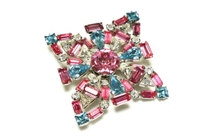 Vintage 1960's Austrian Blue Pink Crystal Flower Large Brooch
