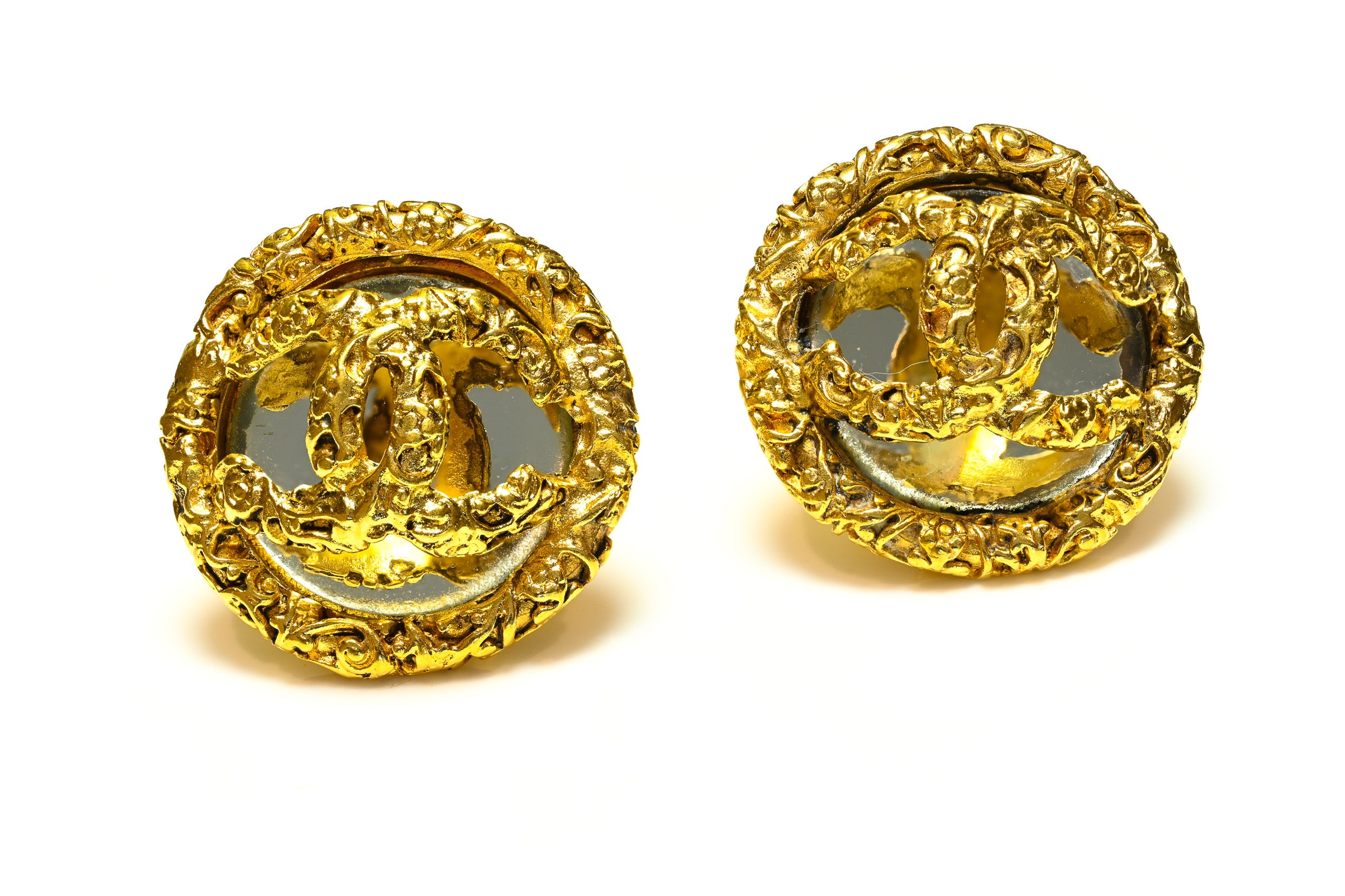 Vintage Chanel Paris Fall 1993 Lava CC Mirror Dome Earrings