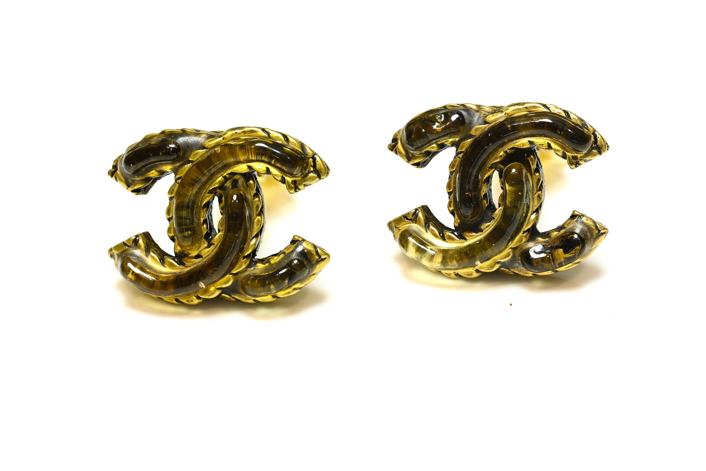Vintage Fall 2000 Chanel Paris Maison Gripoix Brown Glass CC Earrings