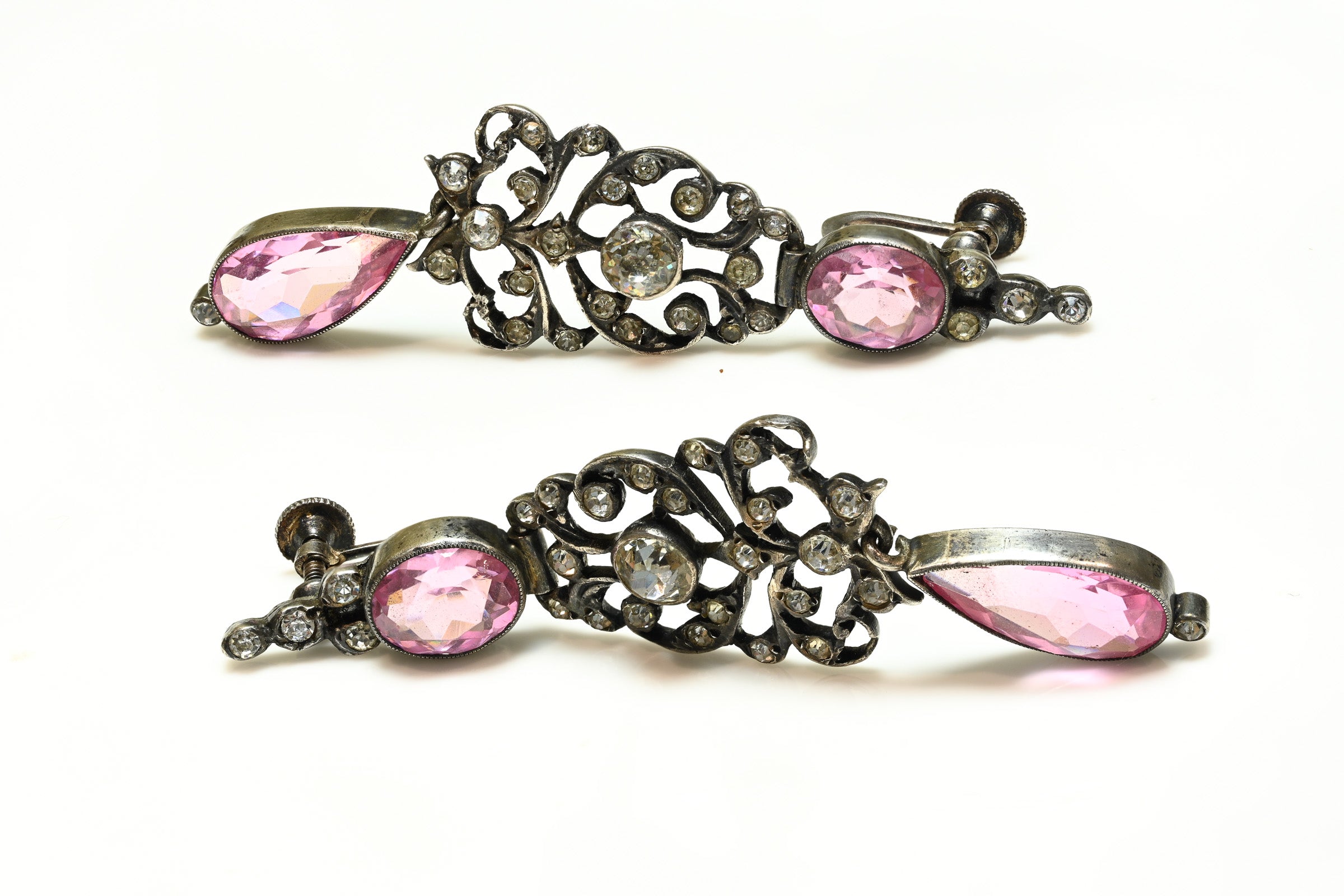 Antique 1880 Silver Pink Paste Long Chandelier Earrings