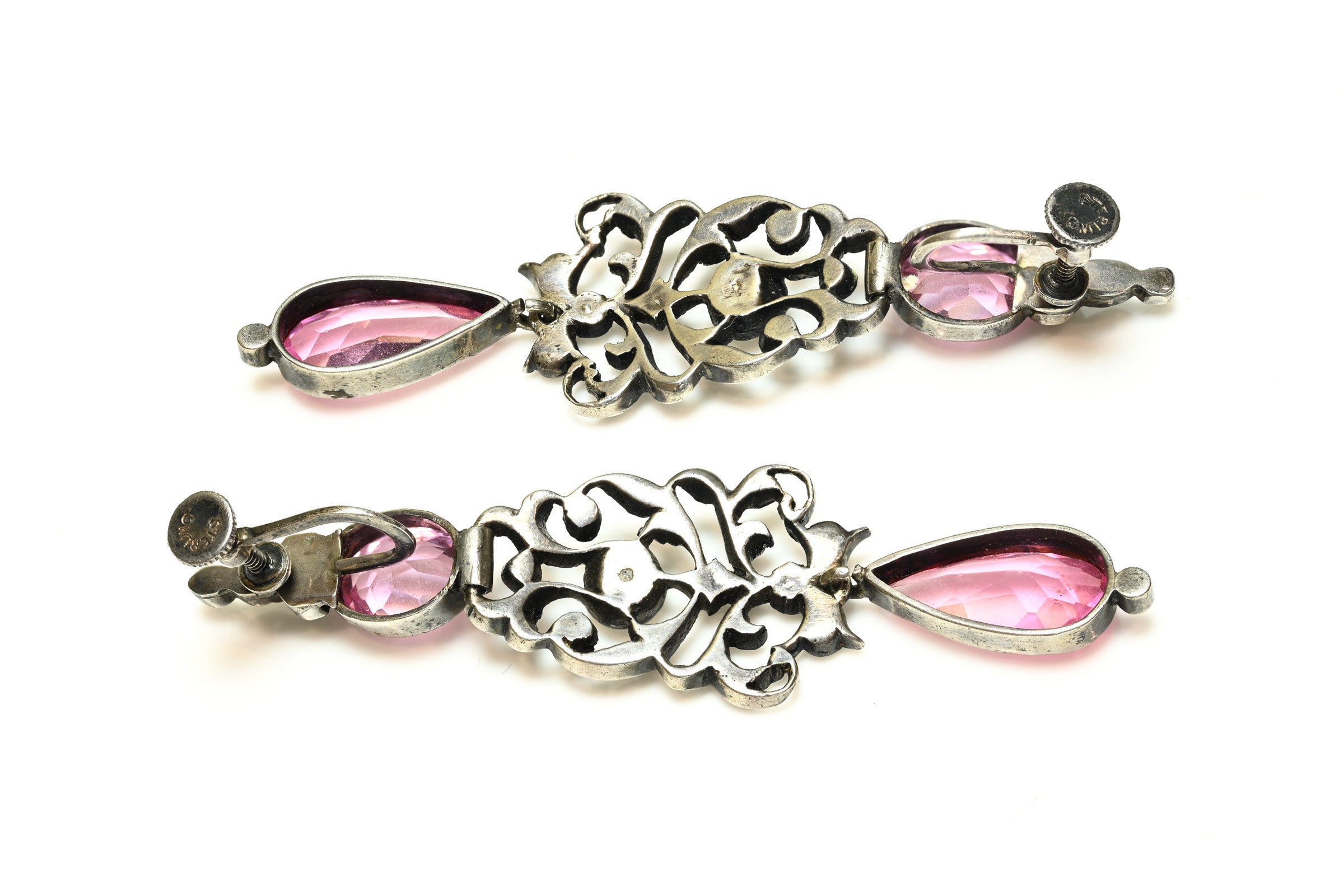 Antique 1880 Silver Pink Paste Long Chandelier Earrings