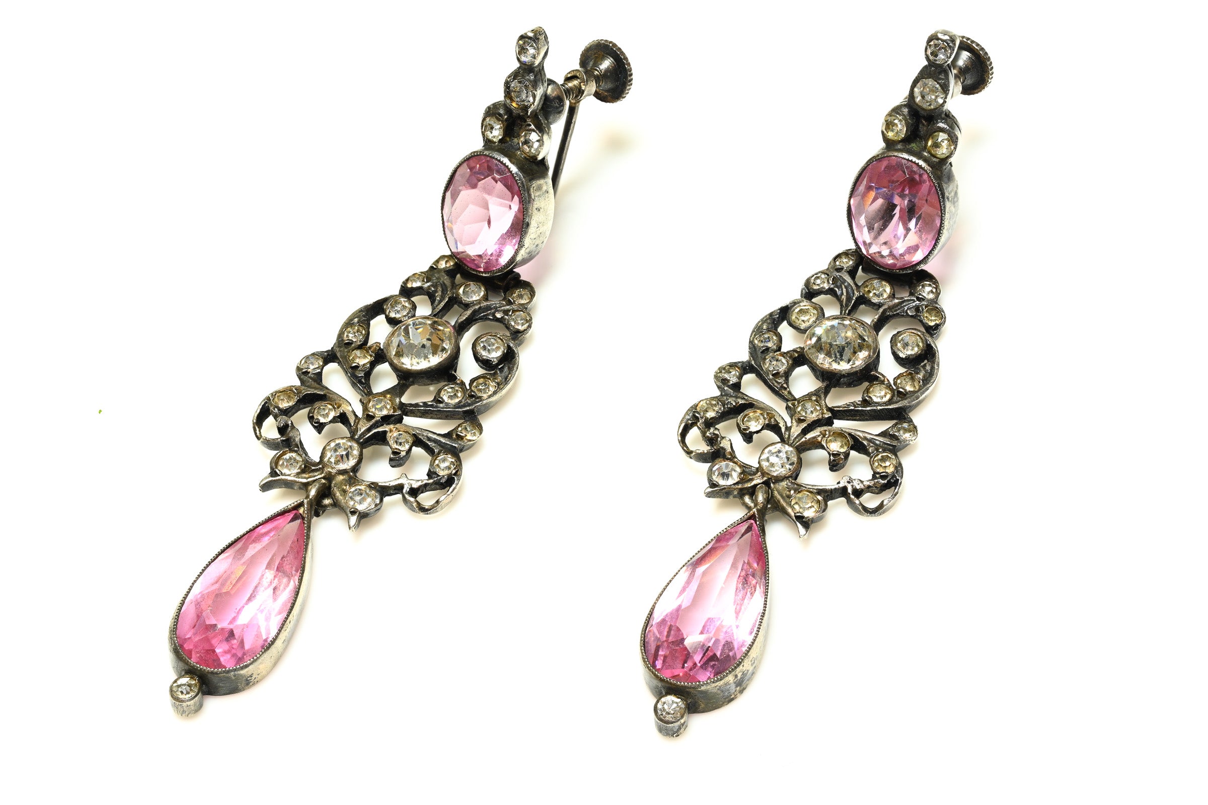 Antique 1880 Silver Pink Paste Long Chandelier Earrings
