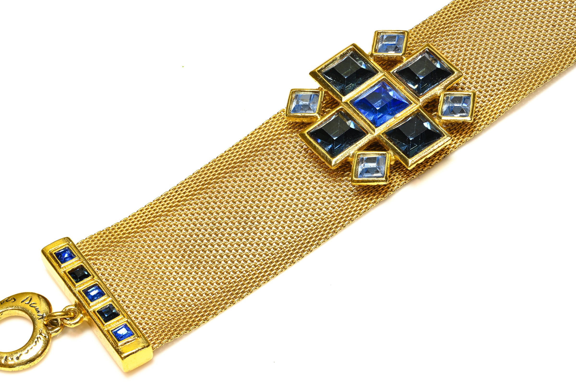 Vintage Yves Saint Laurent Paris Blue Crystal Cross Mesh Bracelet 1
