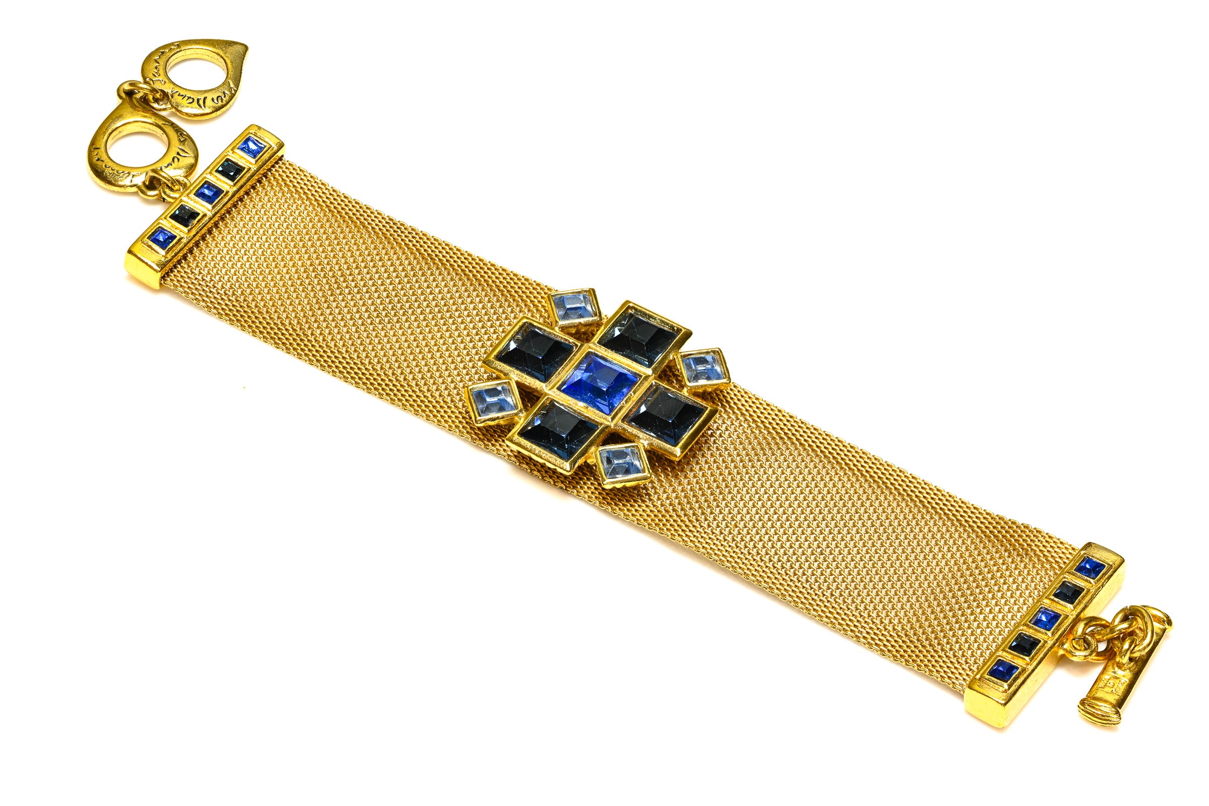 Vintage Yves Saint Laurent Paris Blue Crystal Cross Mesh Bracelet