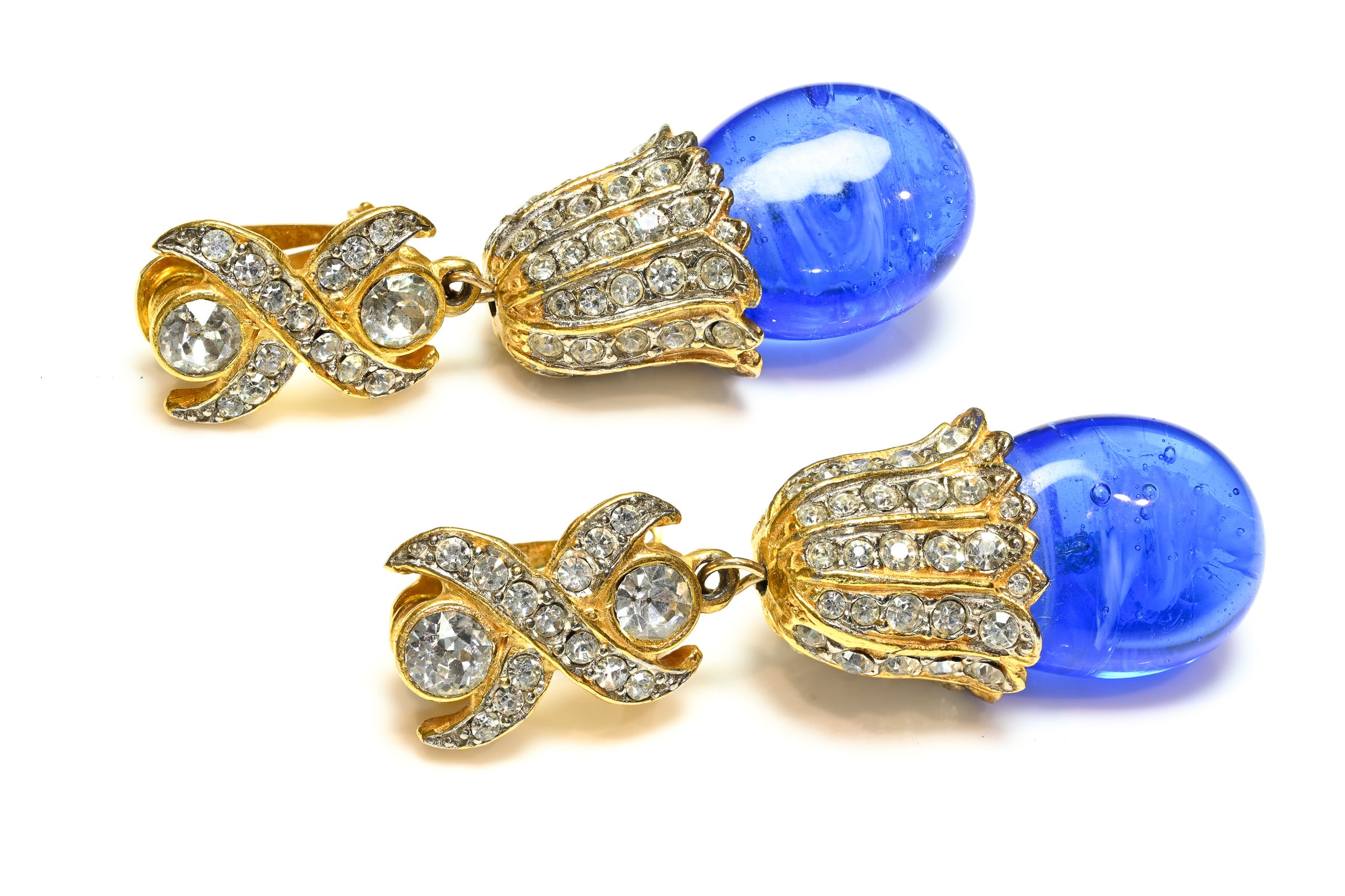 Vintage 1960's Kenneth Jay Lane Blue Glass Crystal Drop Earrings