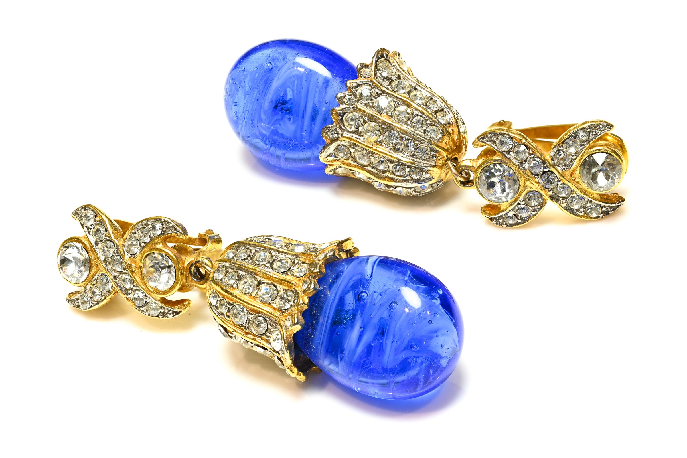 Vintage 1960's Kenneth Jay Lane Blue Glass Crystal Drop Earrings 1