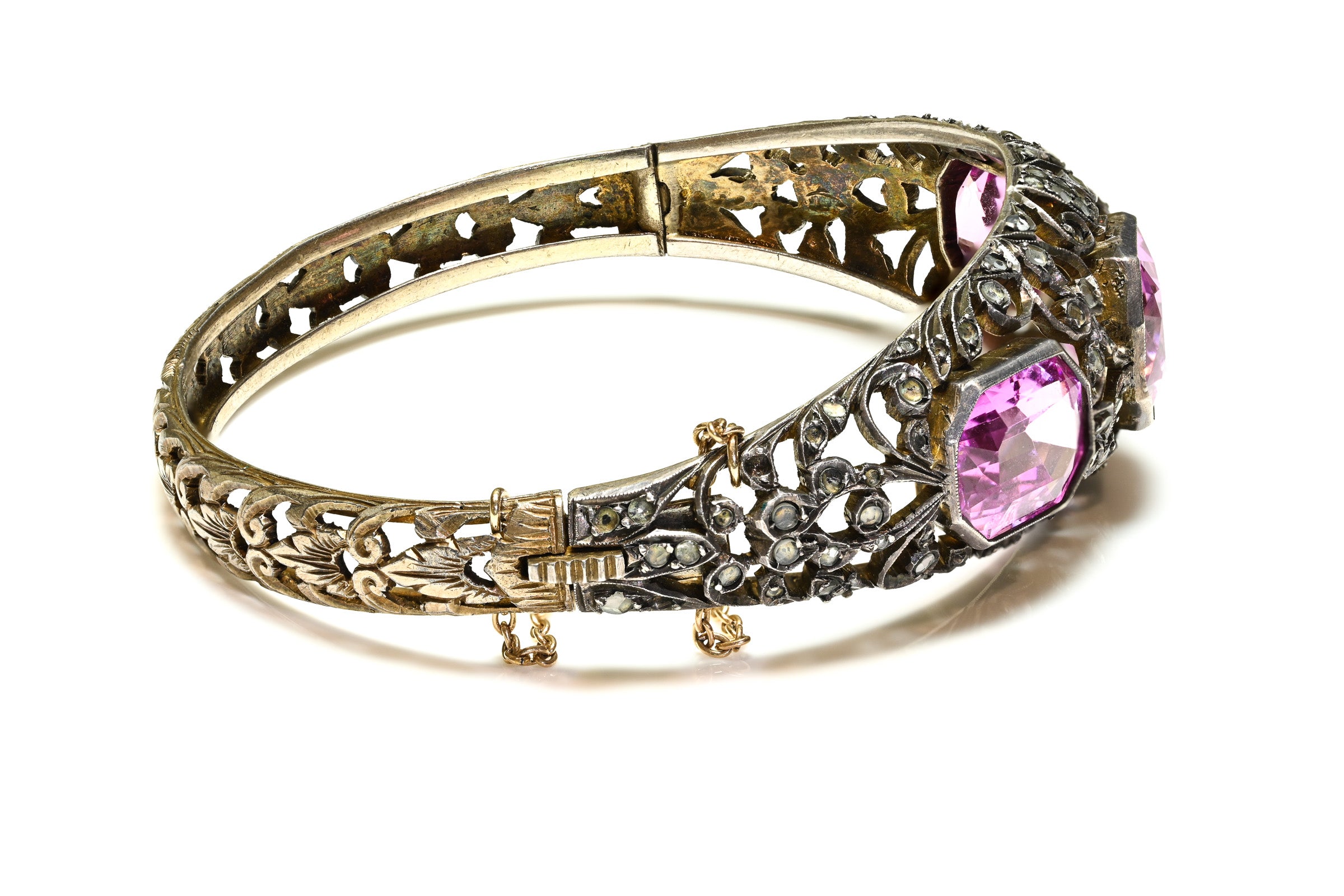 Antique 1880 Silver Gold Pink Paste Lace Bangle Bracelet