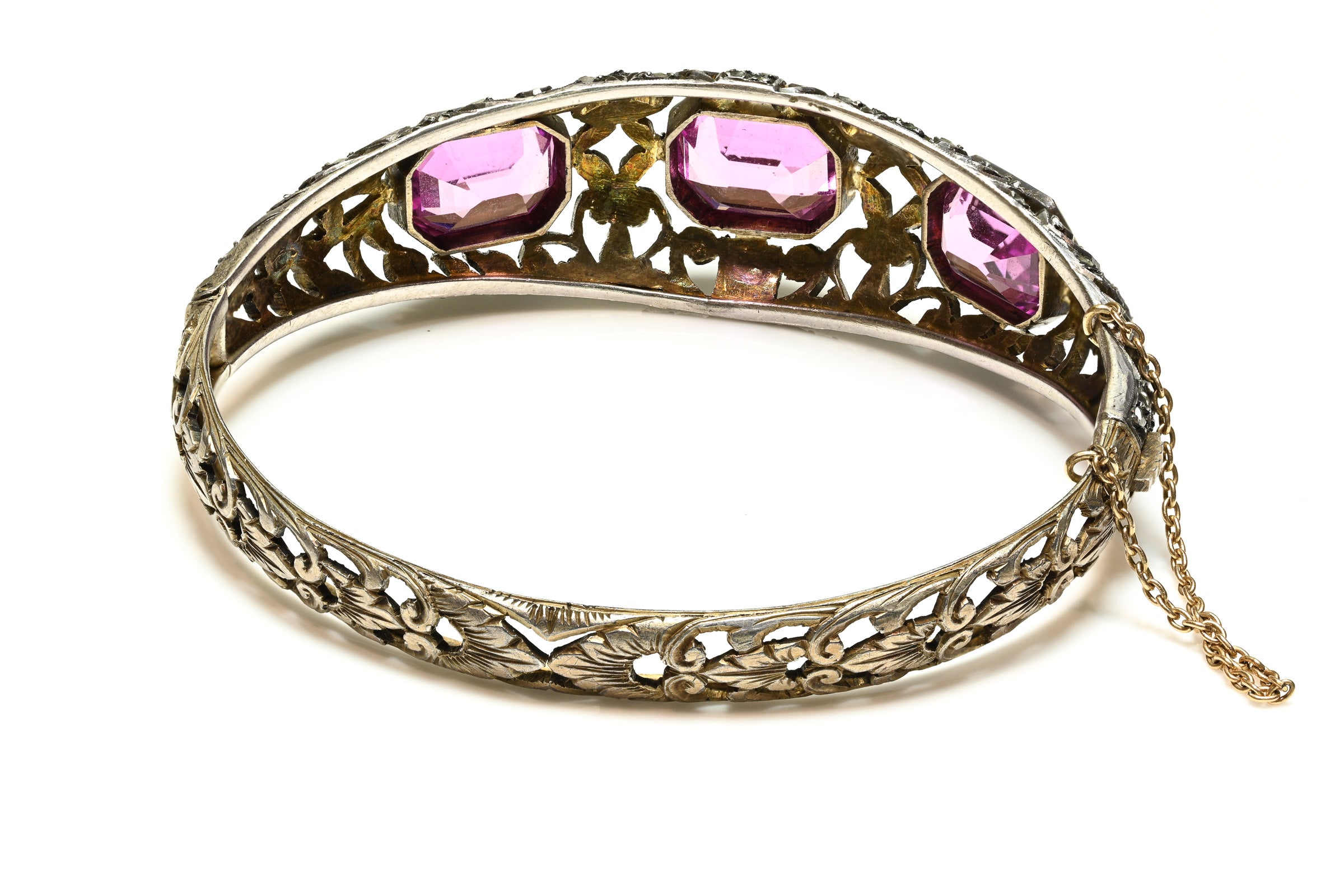 Antique 1880 Silver Gold Pink Paste Lace Bangle Bracelet