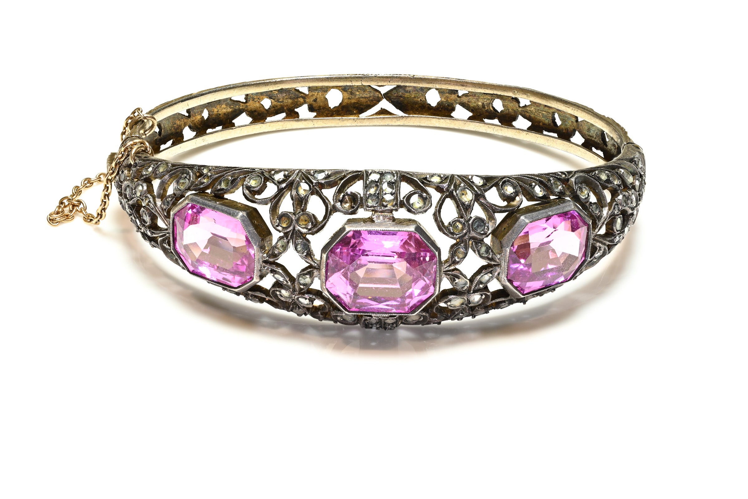 Antique 1880 Silver Gold Pink Paste Lace Bangle Bracelet