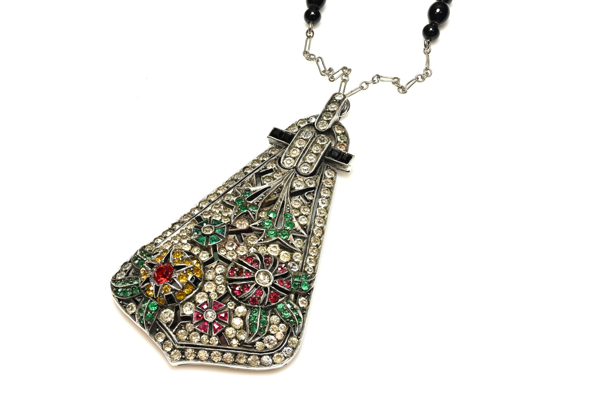 Art Deco 1920's Silver Flower Crystal Pendant Necklace 1