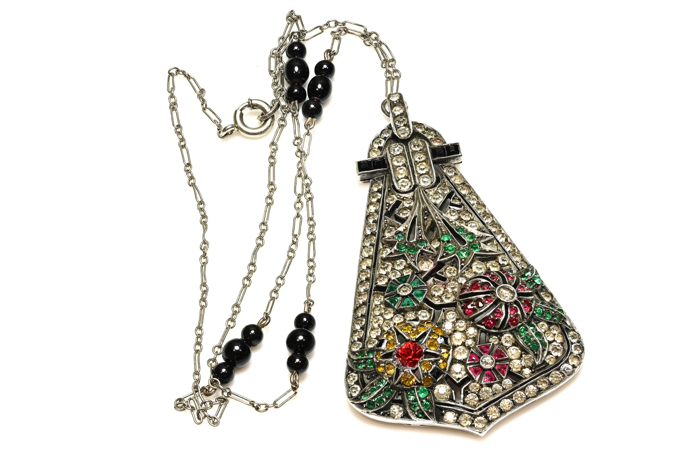 Art Deco 1920's Silver Flower Crystal Pendant Necklace