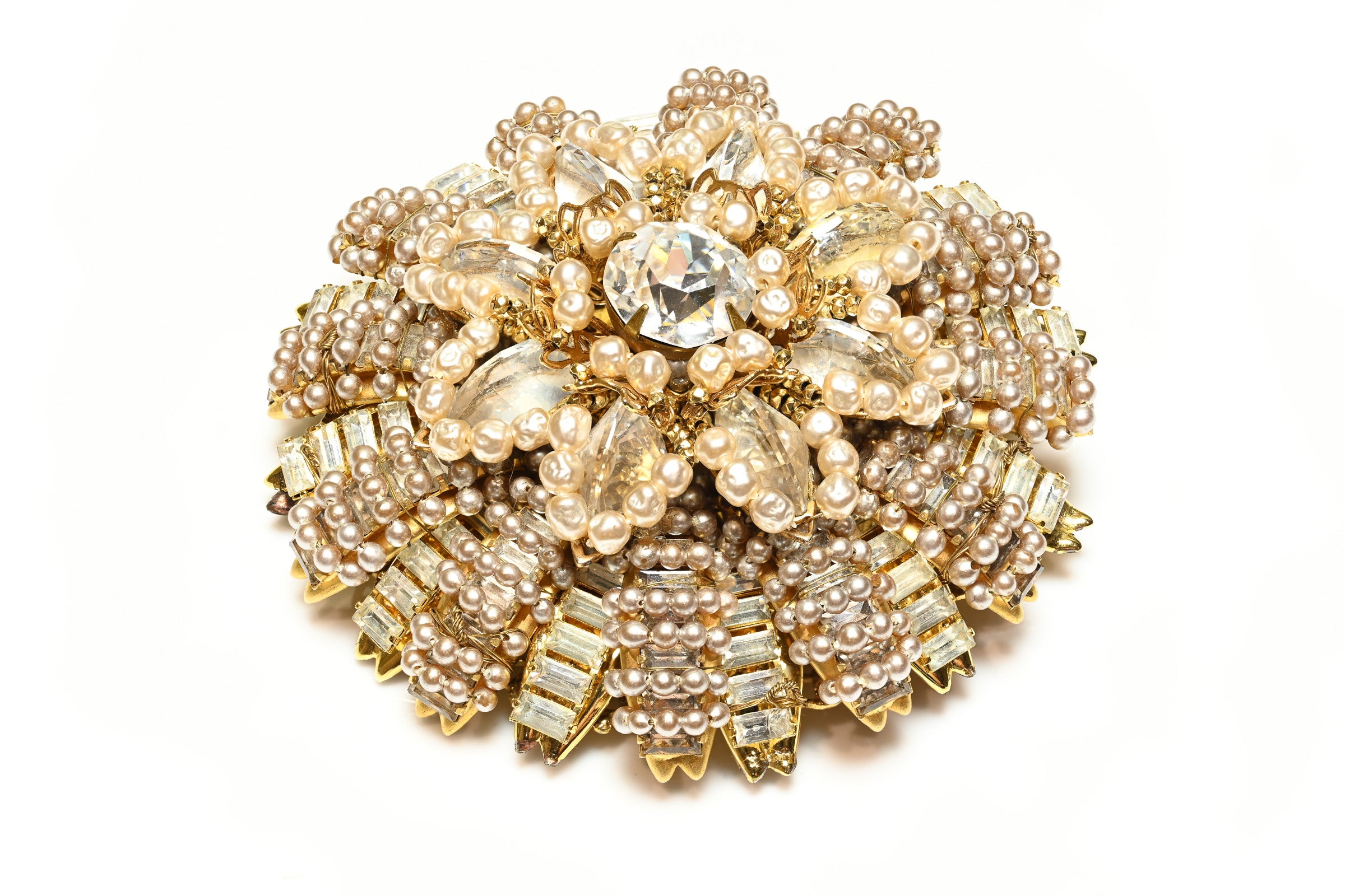 Vintage Miriam Haskell Pearl Crystal Large Flower Brooch 2