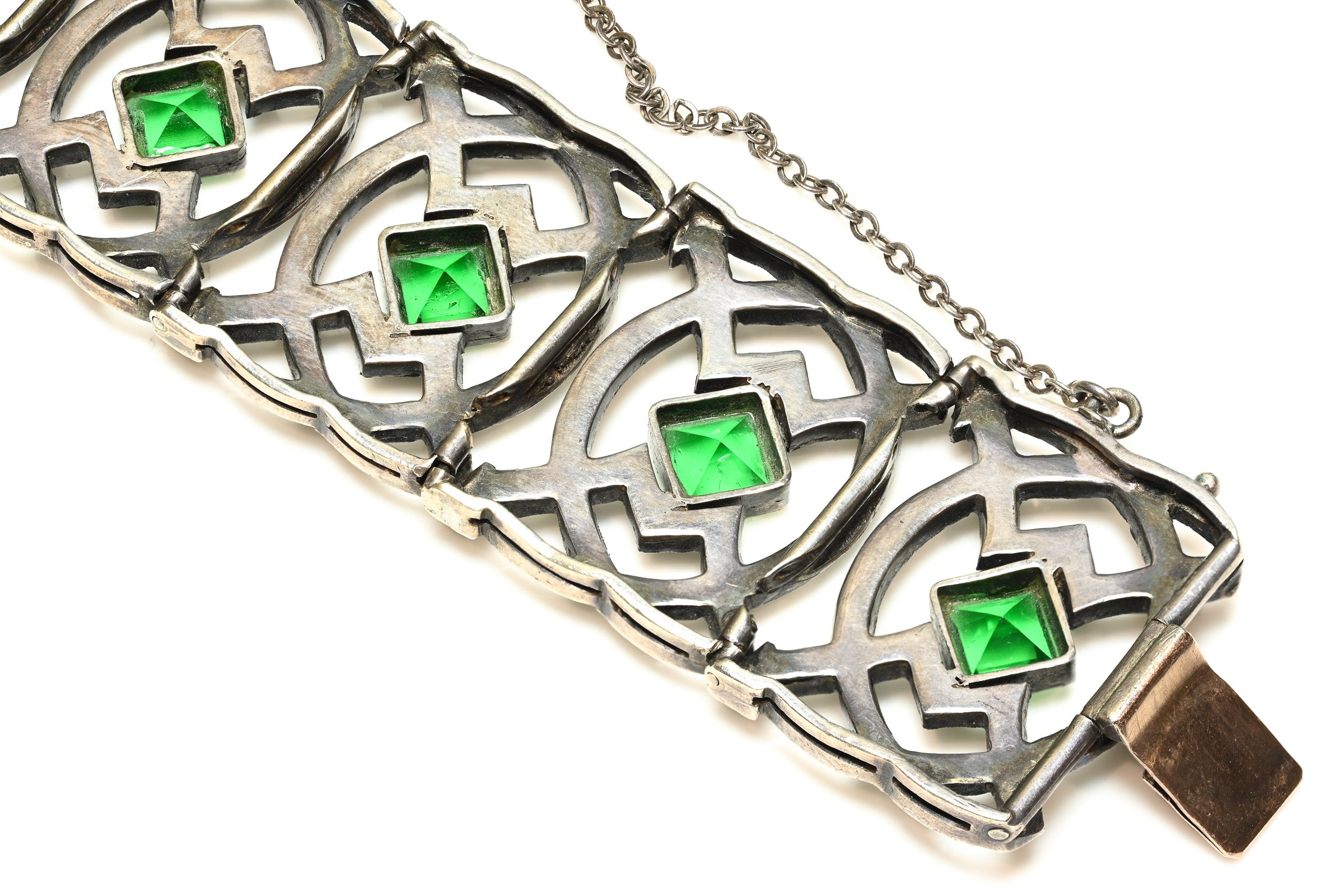 Antique 1900's Silver Green Paste Wide Lace Bracelet 3