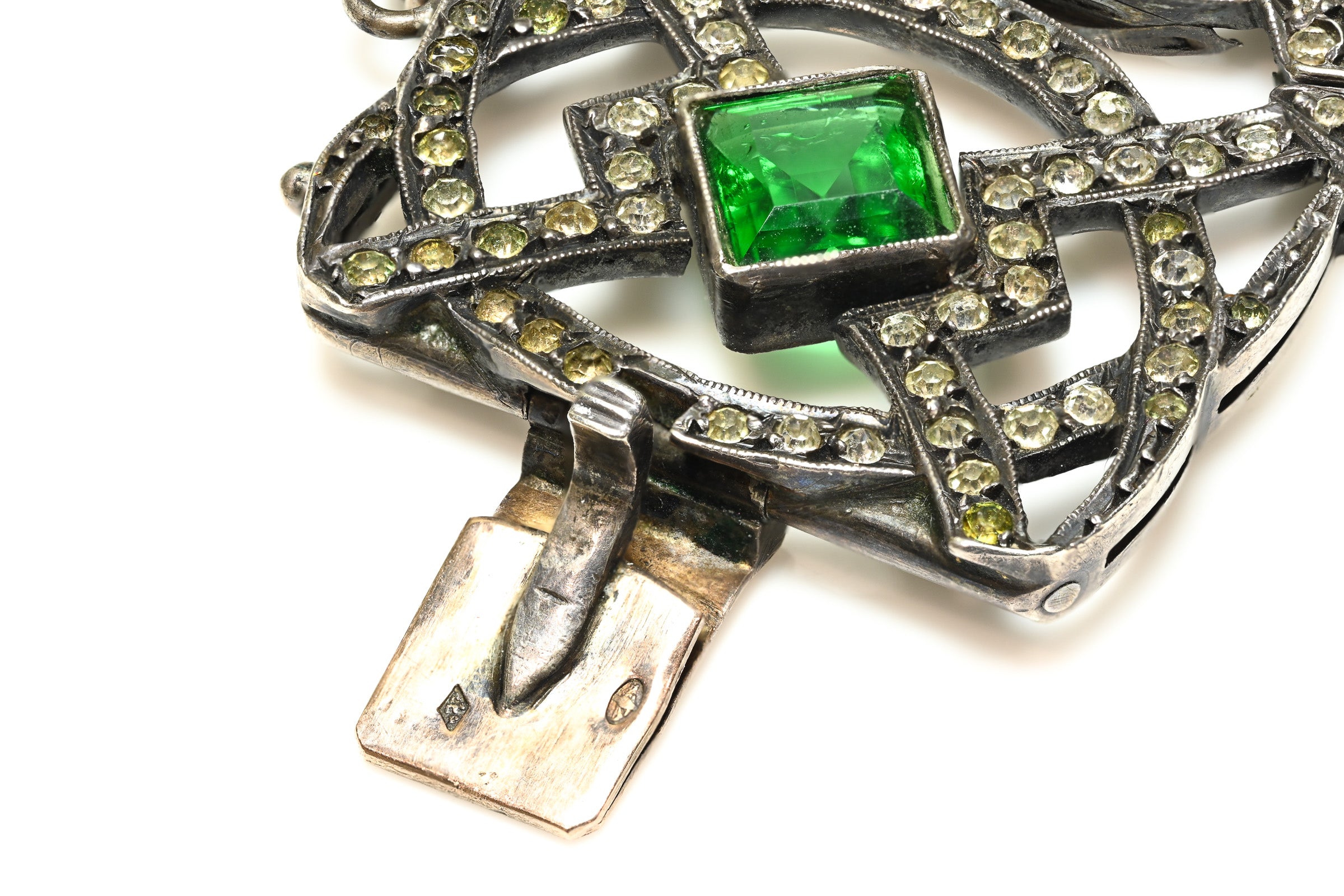 Antique 1900's Silver Green Paste Wide Lace Bracelet 2