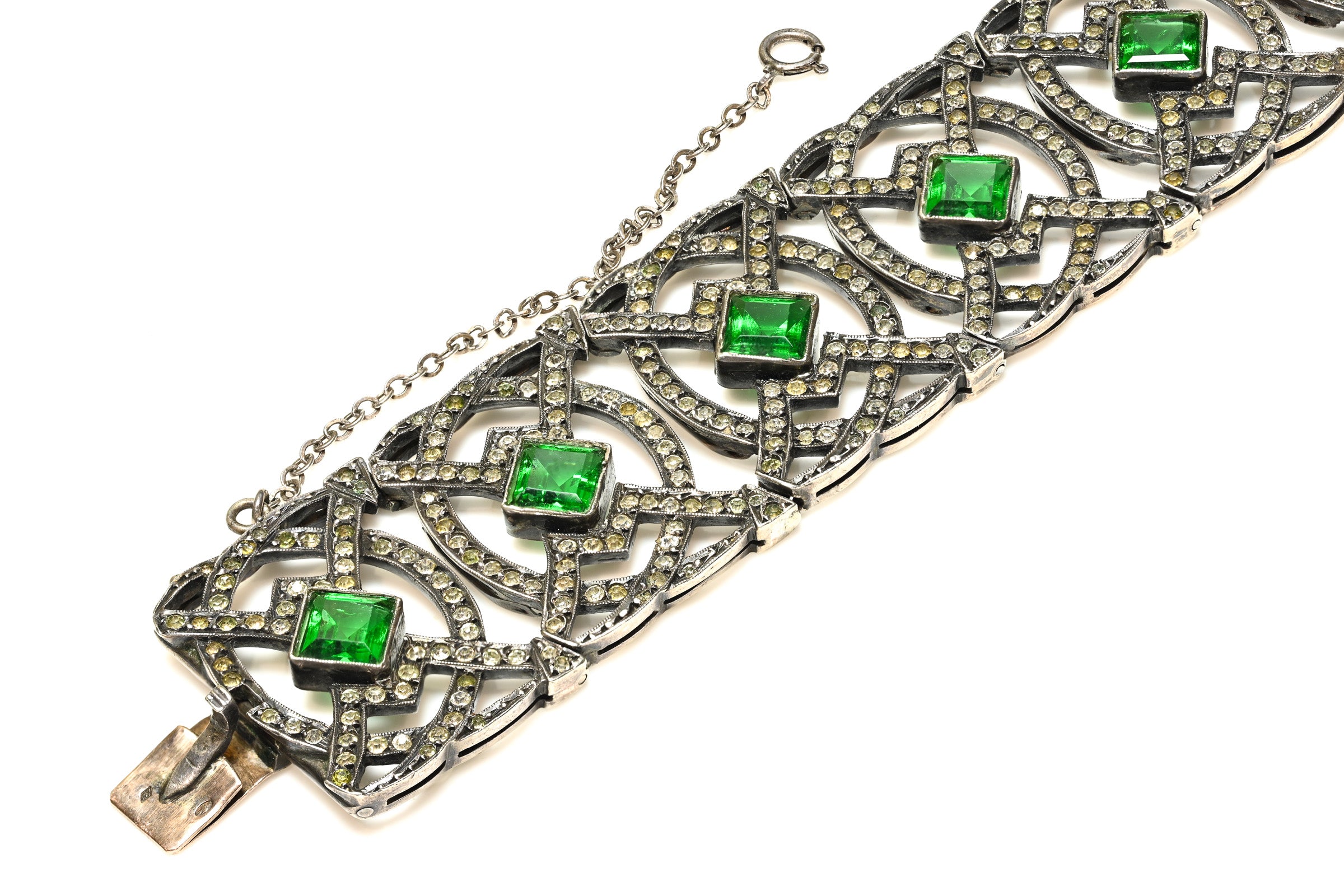Antique 1900's Silver Green Paste Wide Lace Bracelet 1