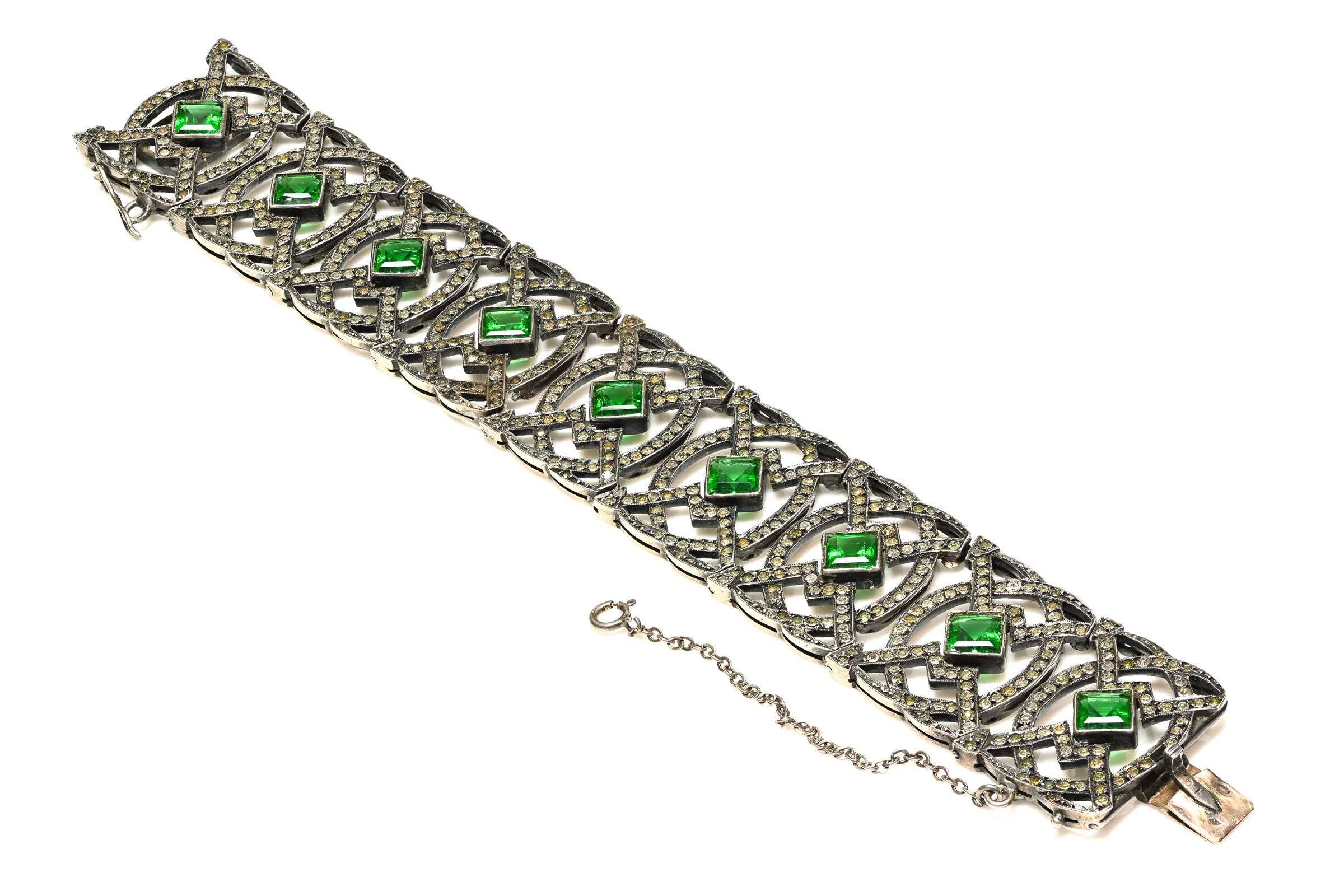 Antique 1900's Silver Green Paste Wide Lace Bracelet
