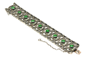 Antique 1900's Silver Green Paste Wide Lace Bracelet