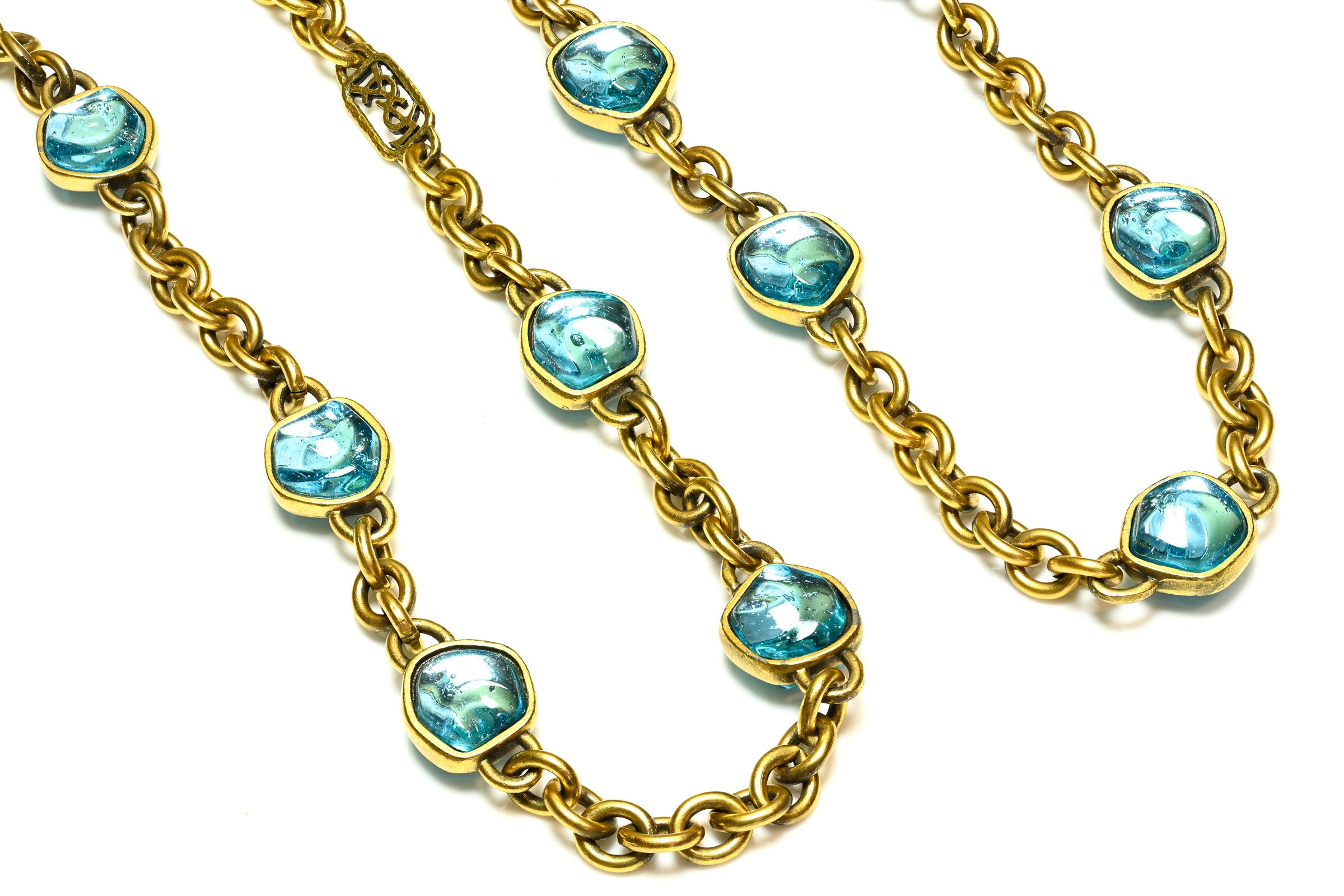 Vintage Yves Saint Lauren Blue Cabochon Chain Sautoir Necklace 1