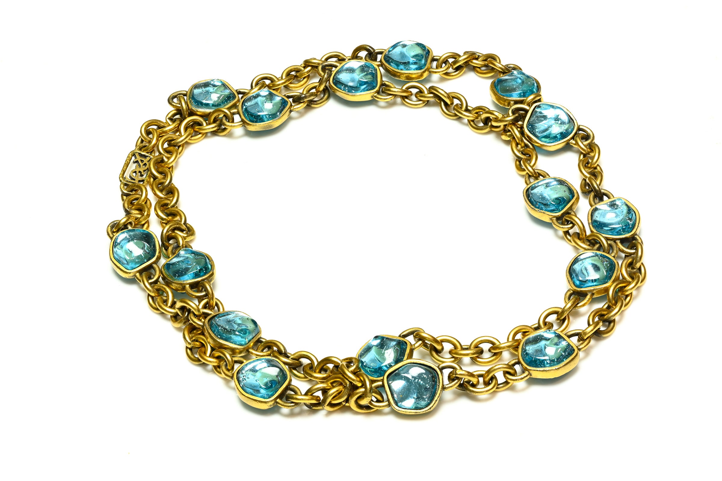 Vintage Yves Saint Lauren Blue Cabochon Chain Sautoir Necklace