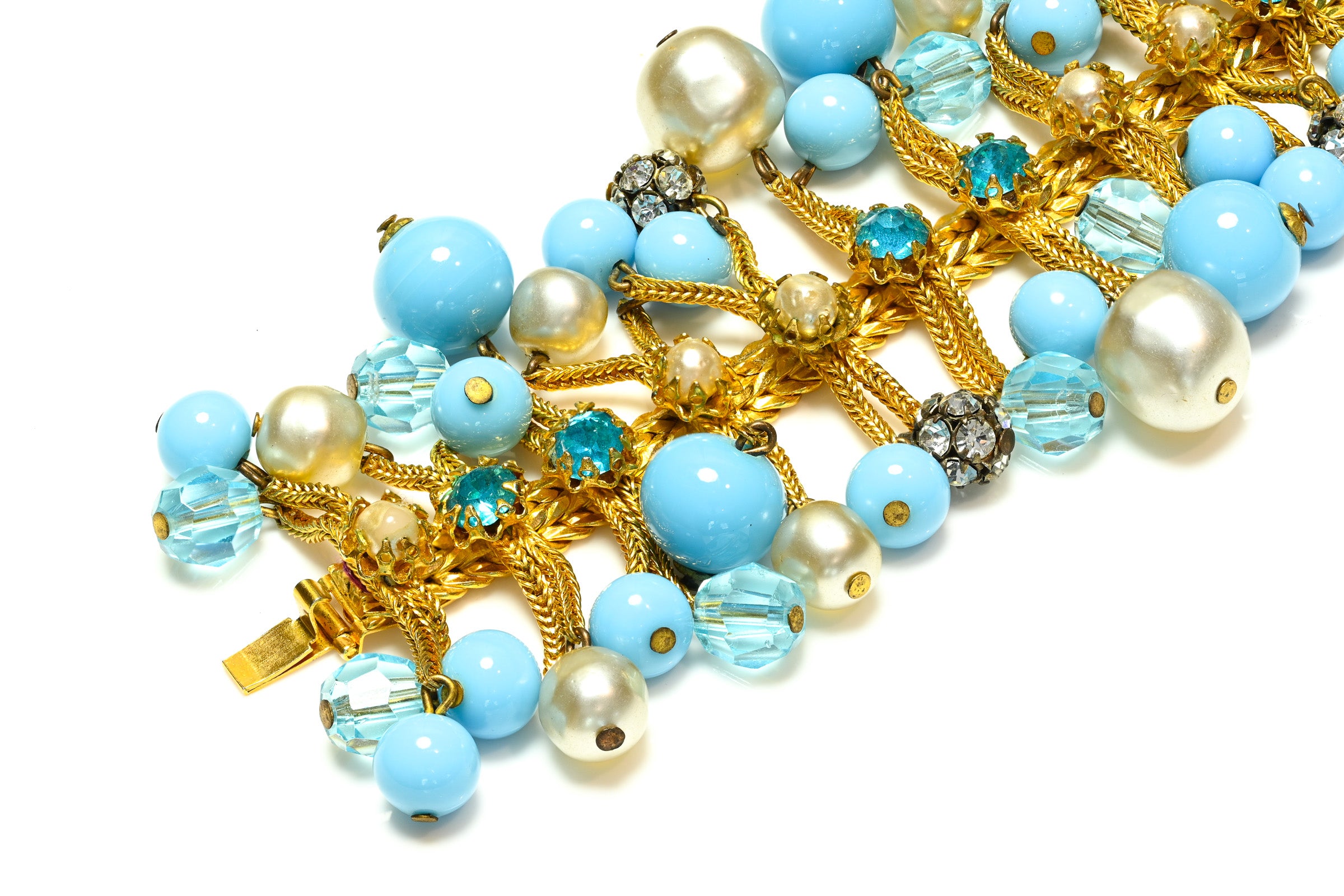 Vintage 1960's DeMario NY Blue Glass Beads Pearl Tassel Bracelet 1