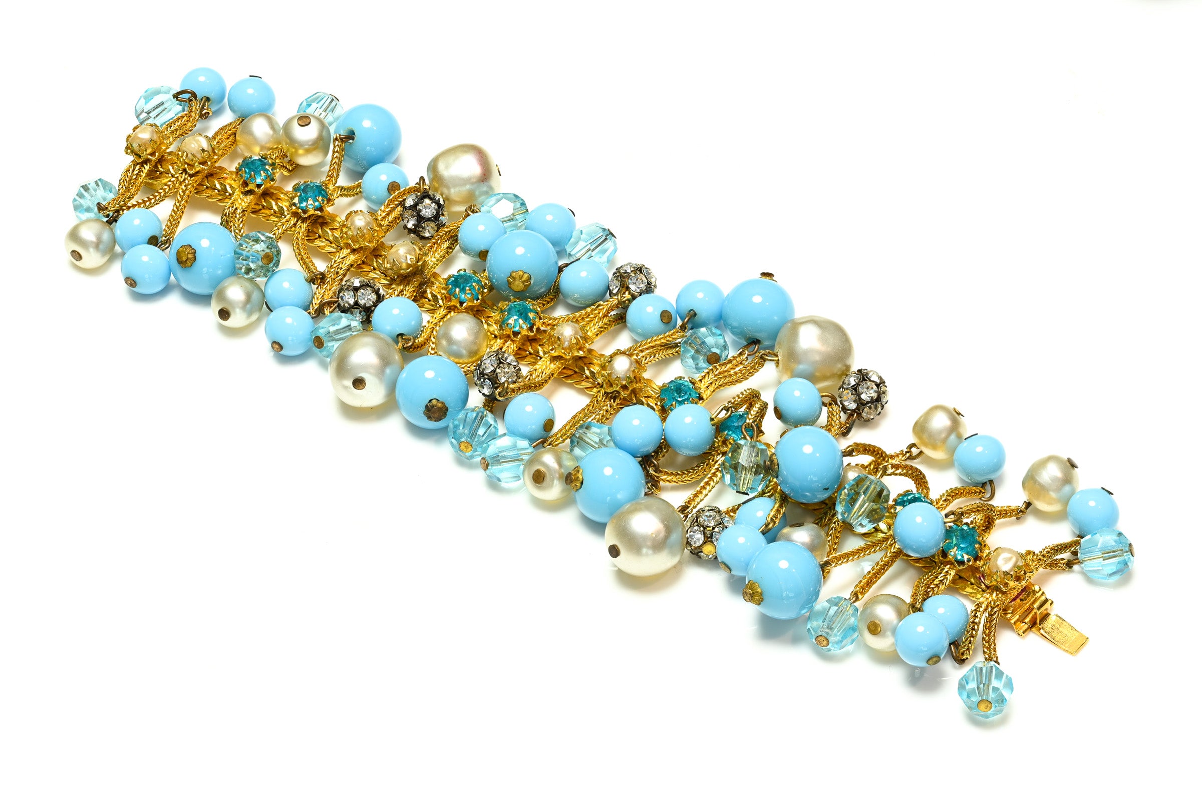 Vintage 1960's DeMario NY Blue Glass Beads Pearl Tassel Bracelet