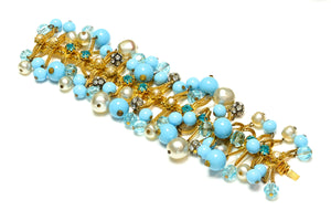 Vintage 1960's DeMario NY Blue Glass Beads Pearl Tassel Bracelet