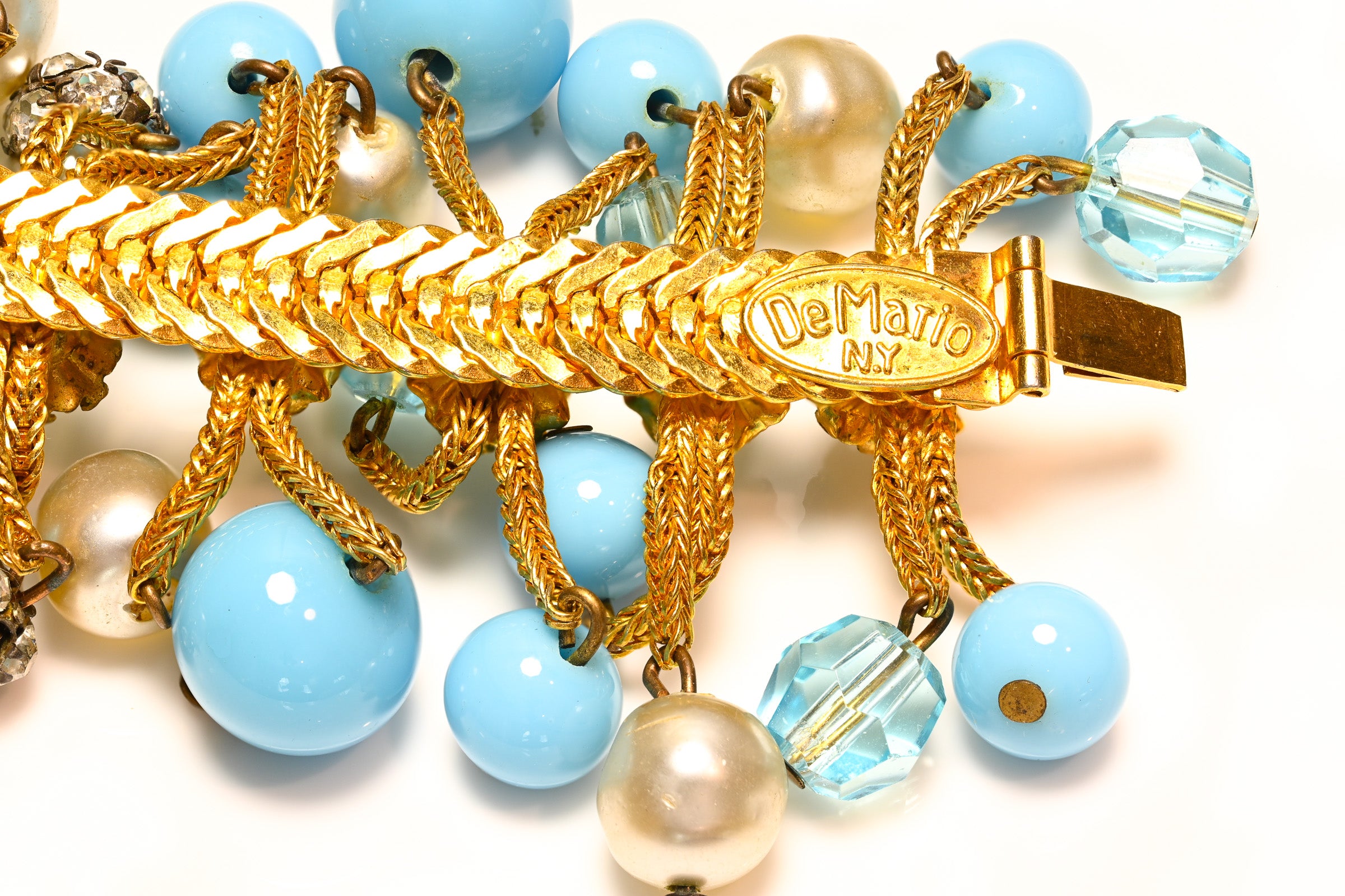 Vintage 1960's DeMario NY Blue Glass Beads Pearl Tassel Bracelet 2