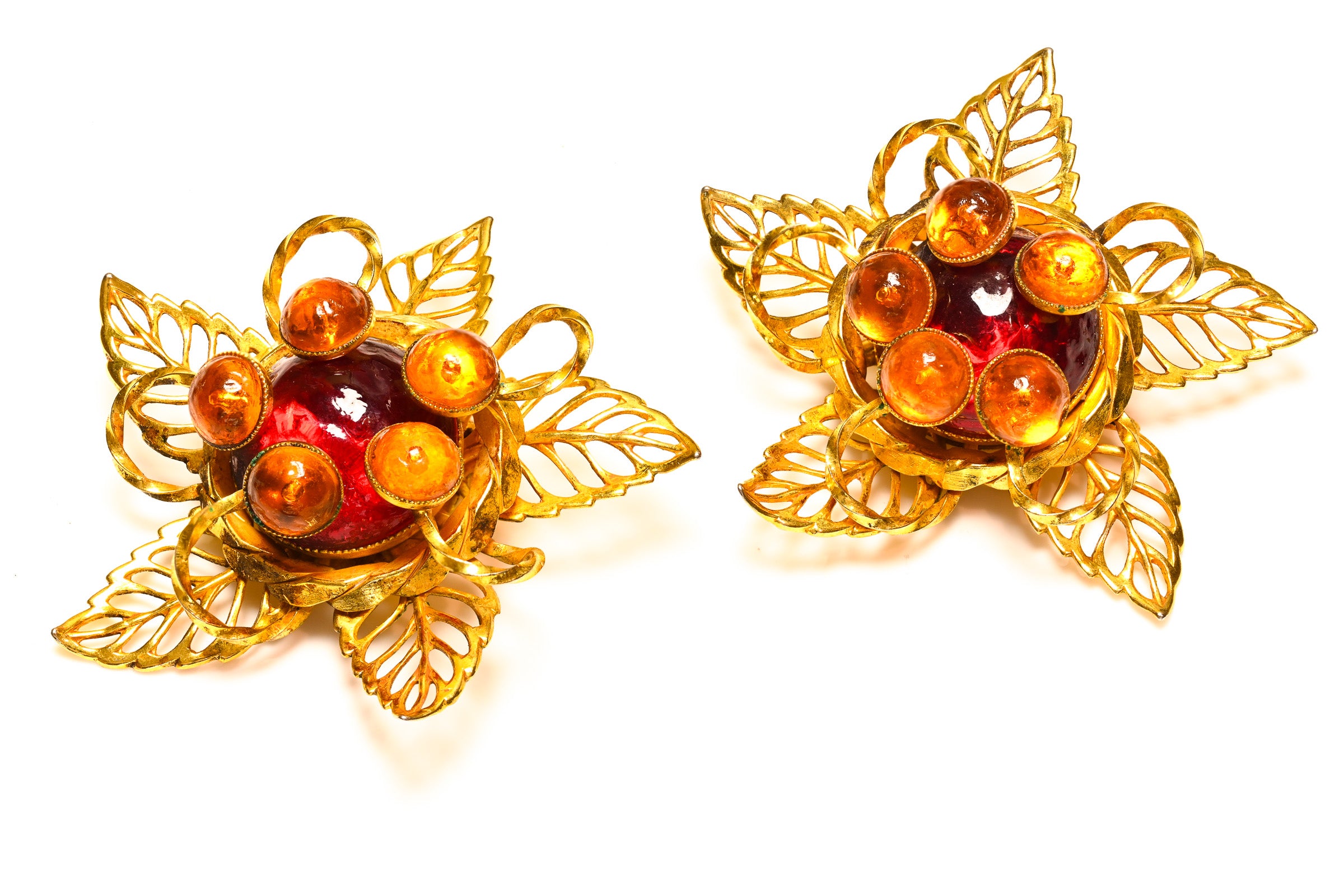 Philippe Ferrandis Paris Red Glass Large Flower Earrings 1