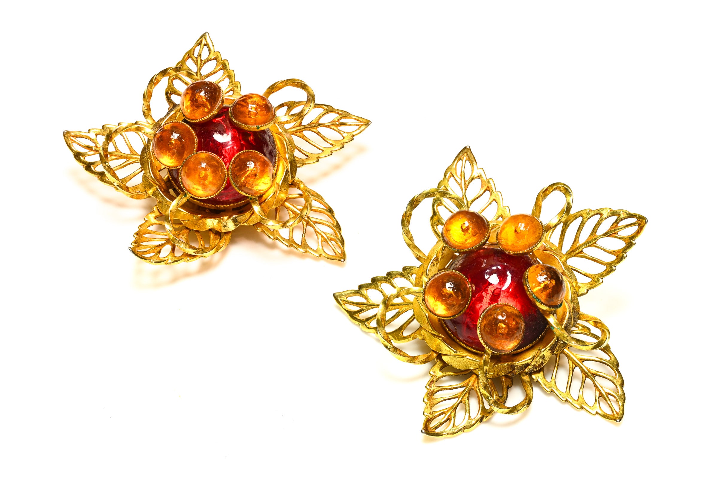 Philippe Ferrandis Paris Red Glass Large Flower Earrings