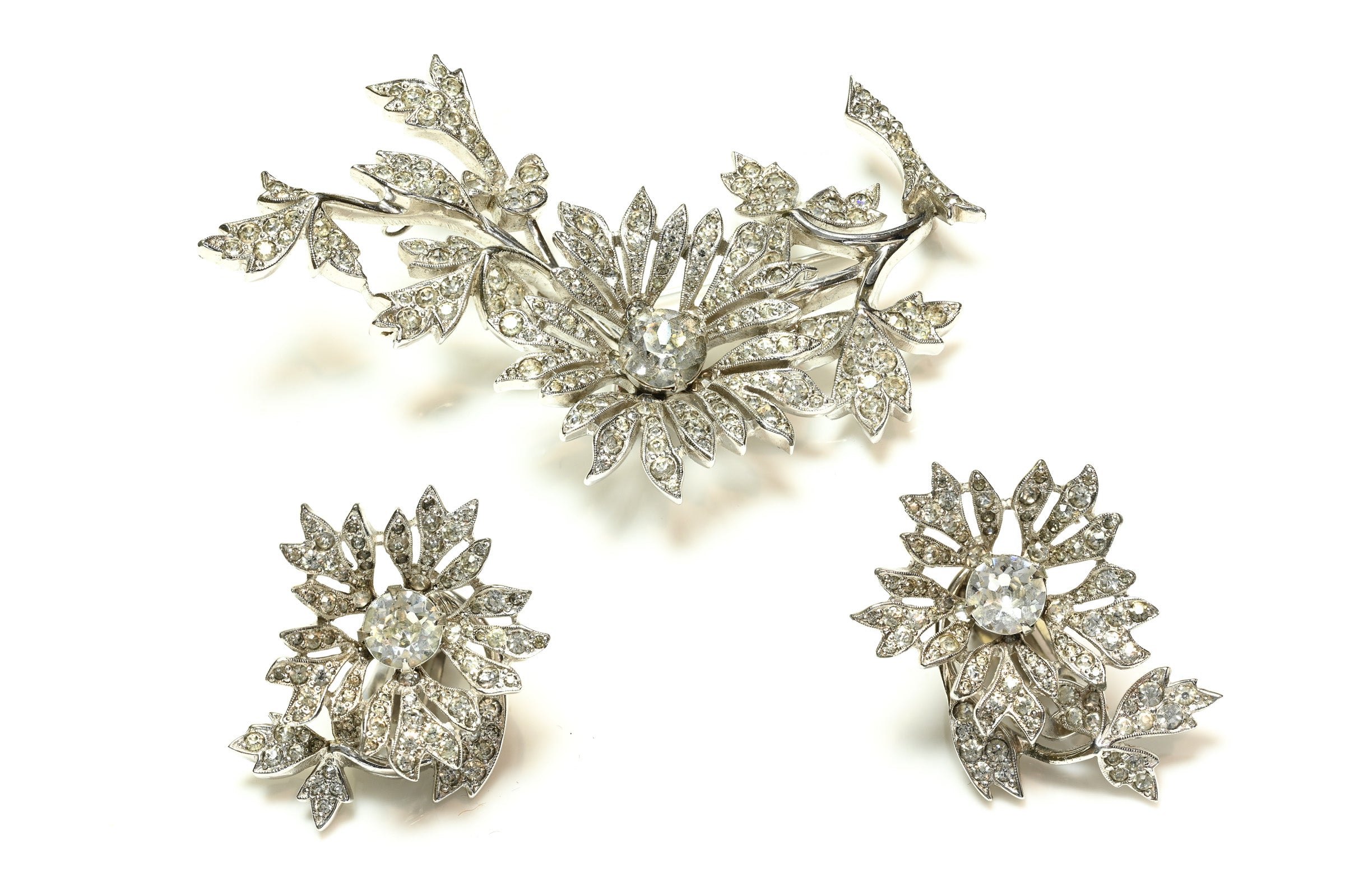 Vintage Christian Dior by Kramer Crystal Flower En Tremblant Brooch Earrings Set