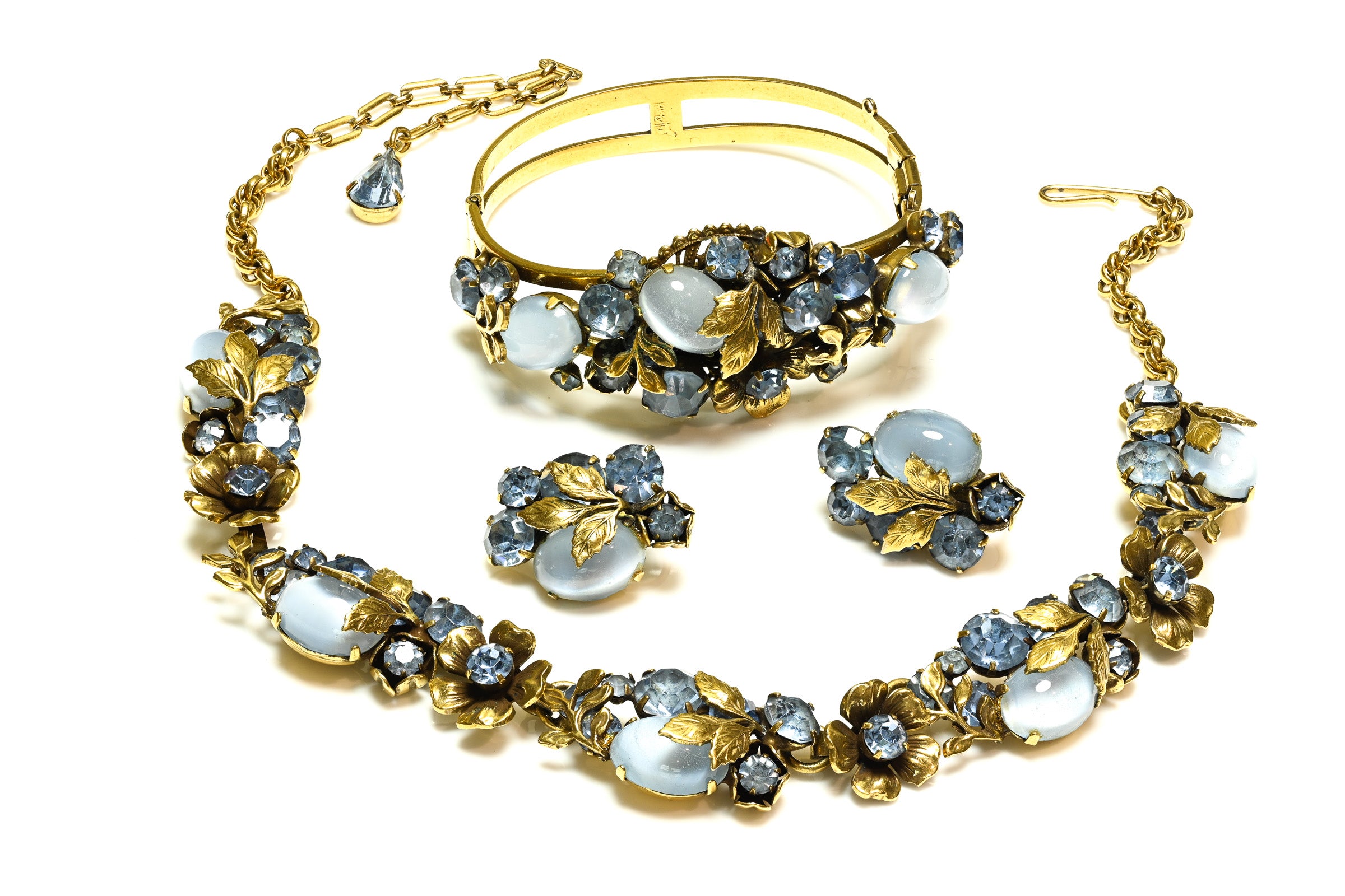 Vintage 1960's Coro Blue Cabochon Flower Necklace Earrings Bracelet Set
