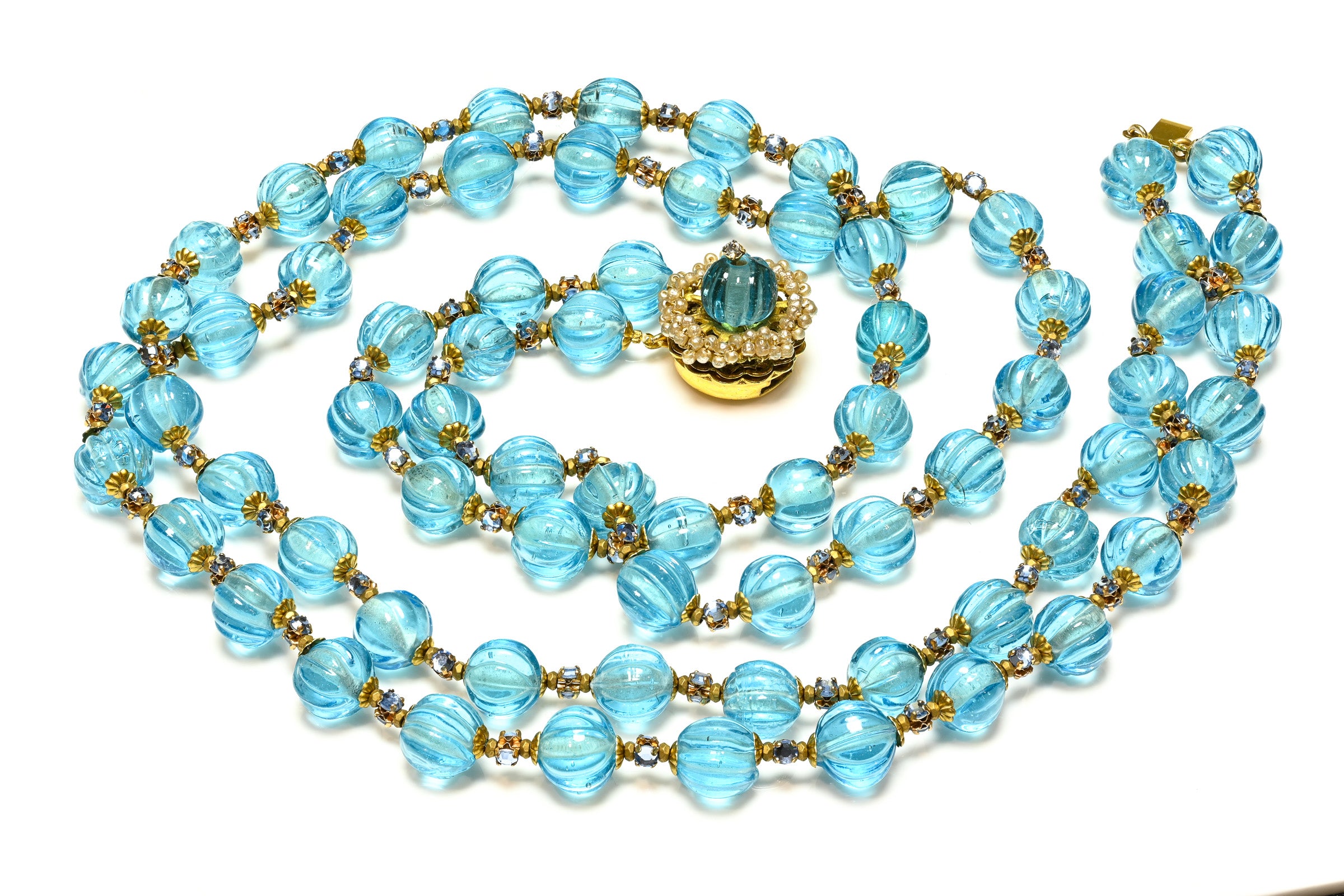 Vintage Miriam Haskell Blue Crystal Glass Double Strand Necklace