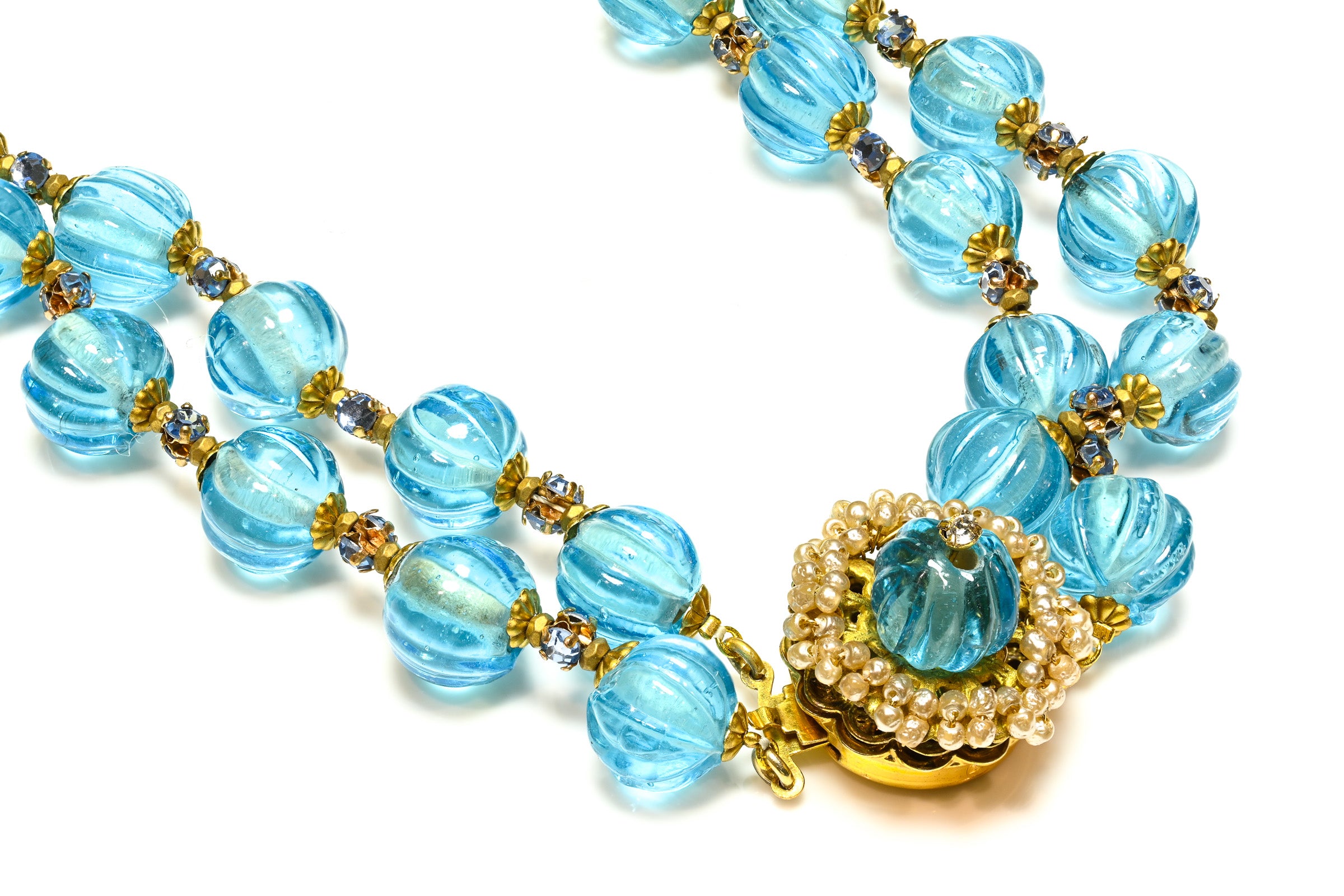 Vintage Miriam Haskell Blue Crystal Glass Double Strand Necklace 1