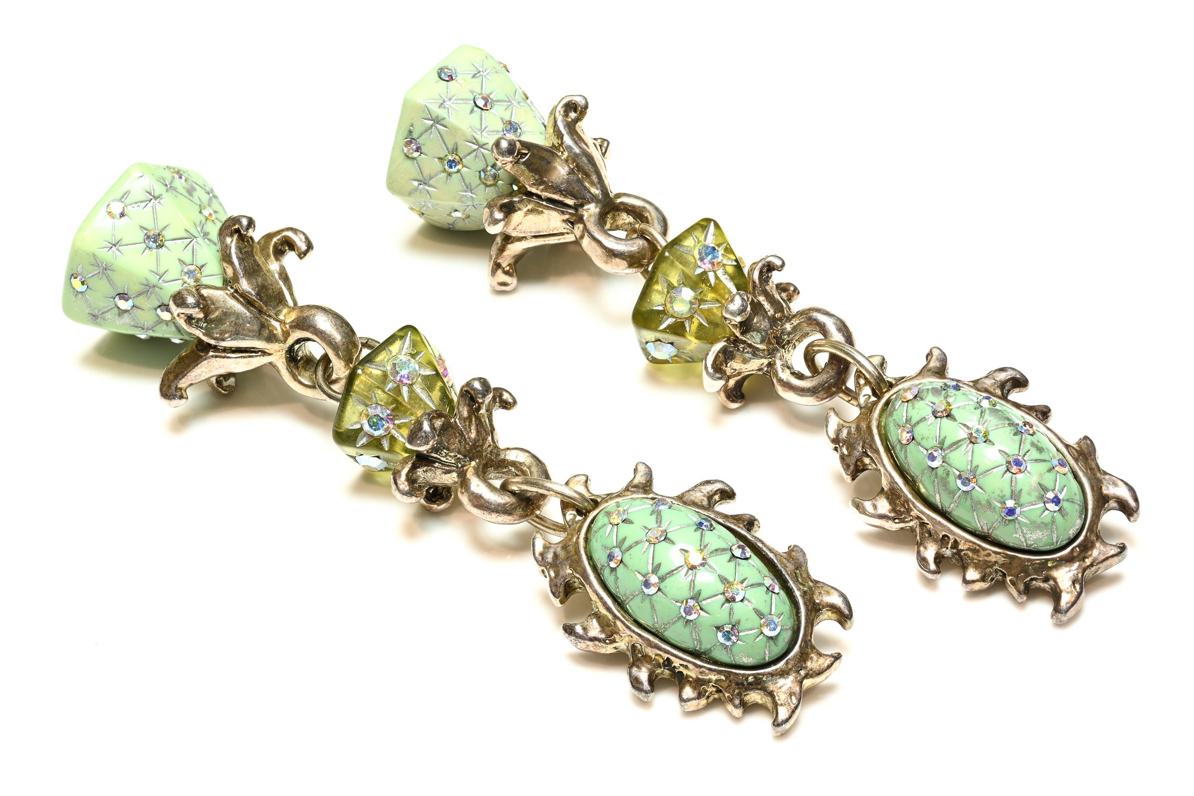 Vintage Claire Deve Paris Green Crystal Shoulder Duster Earrings