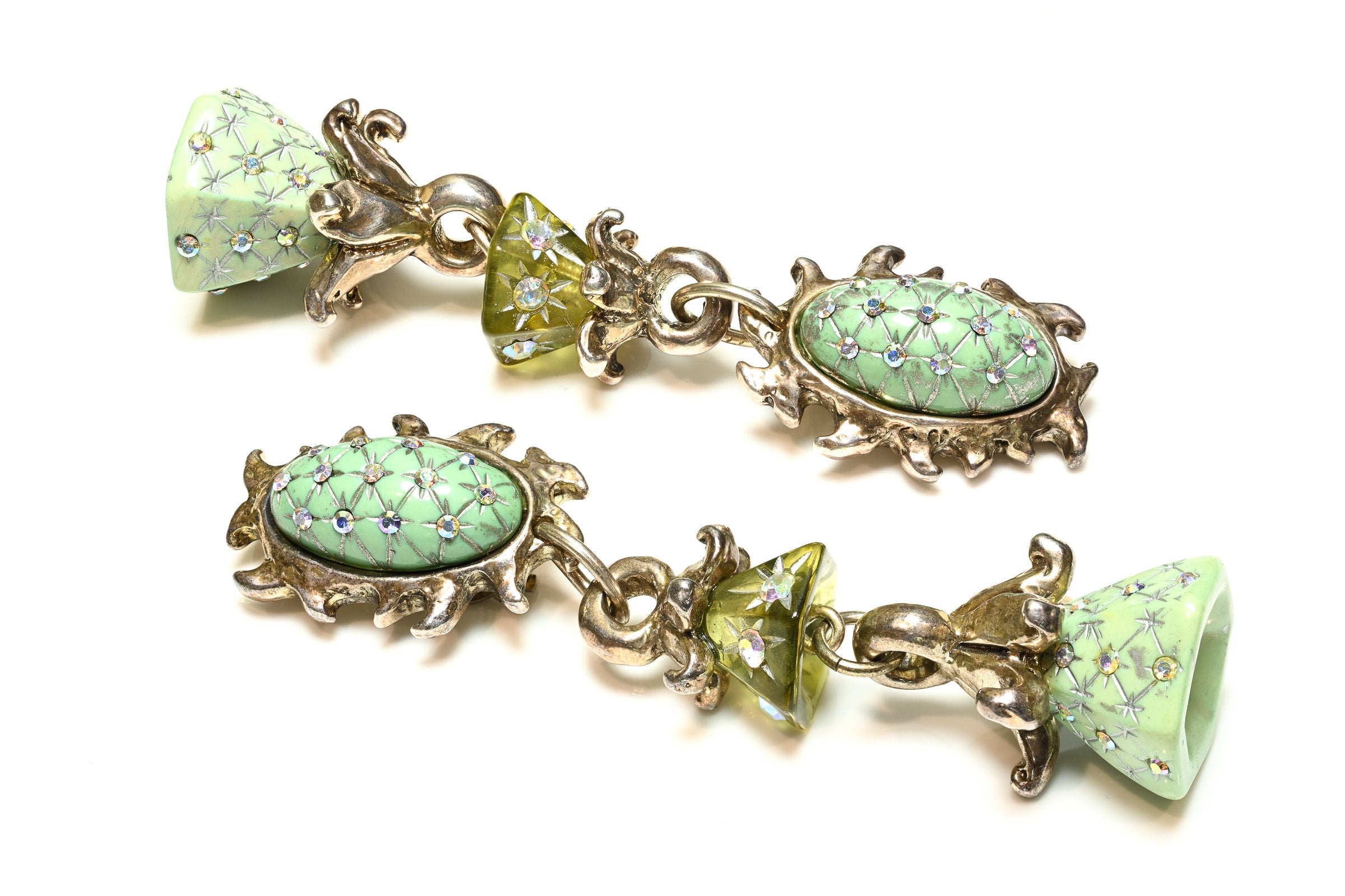 Vintage Claire Deve Paris Green Crystal Shoulder Duster Earrings 1
