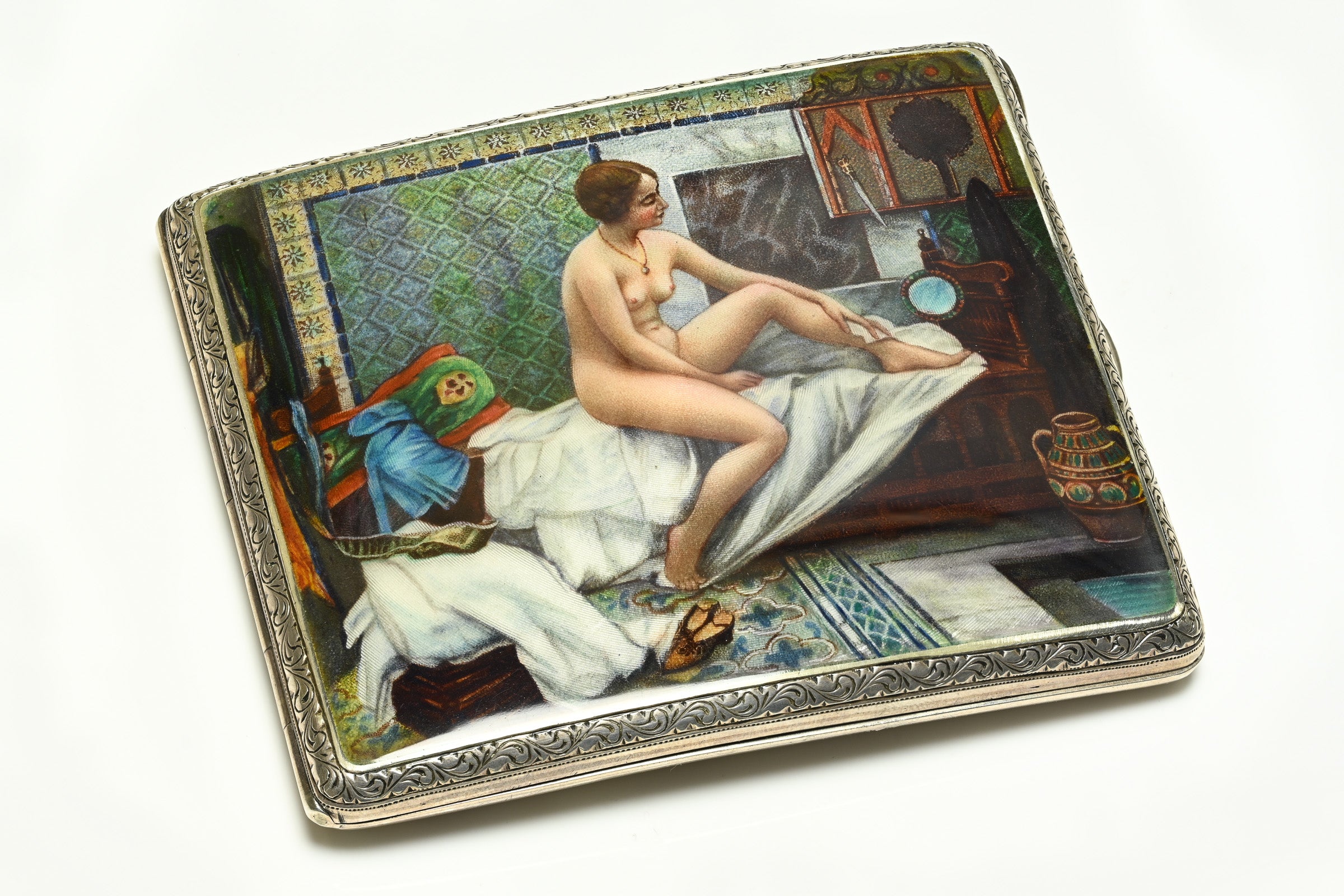 Early 20th-Century Silver Enamel Case – Interior Nude Scene, Art Nouveau