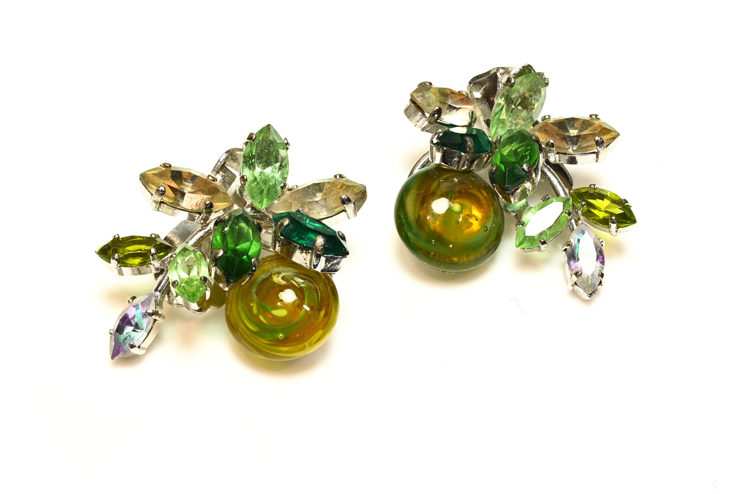 Vintage Christian Dior Paris 1959 Green Crystal Glass Earrings 1