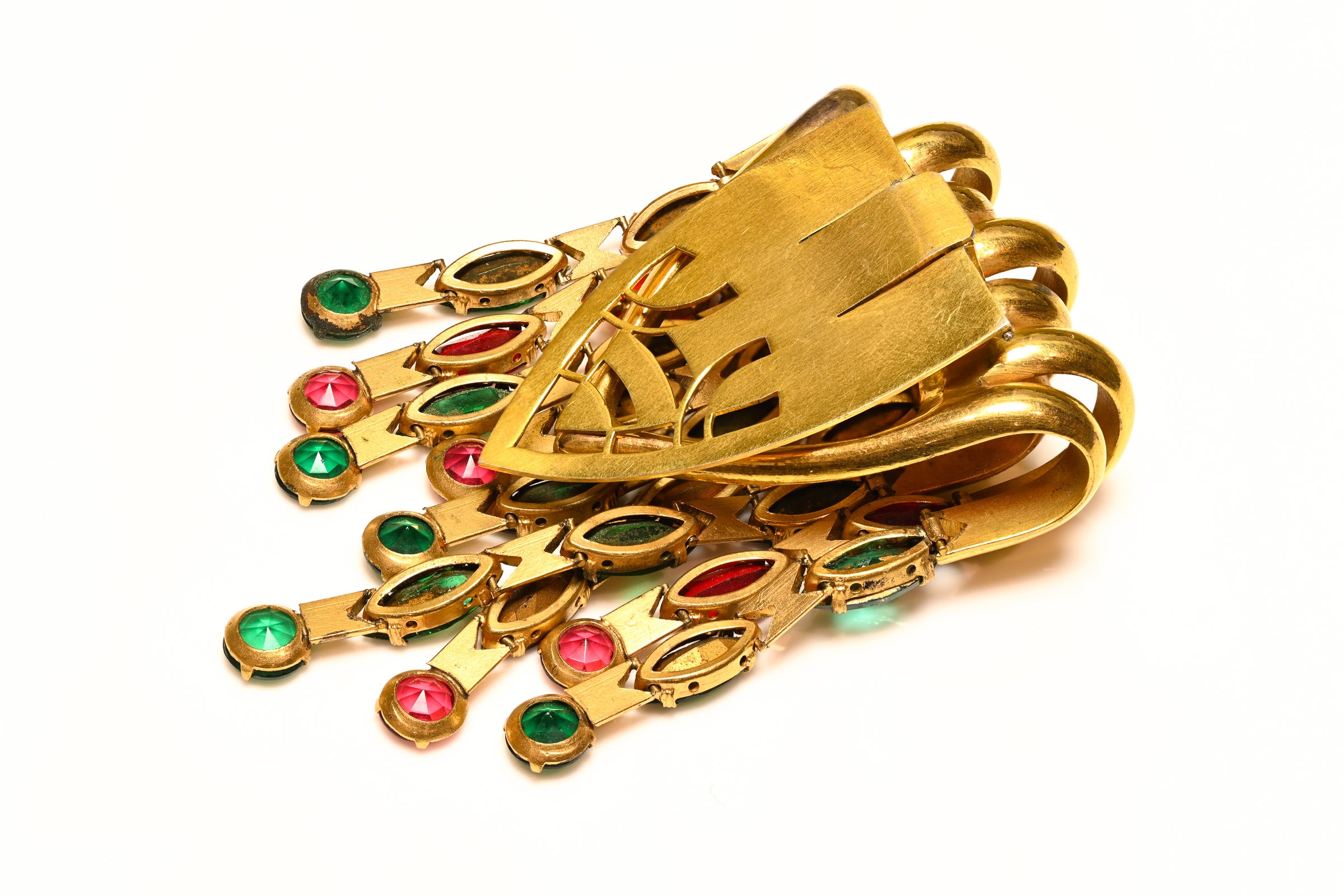 Vintage 1940's Red Green Crystal Tassel Clip Brooch 2