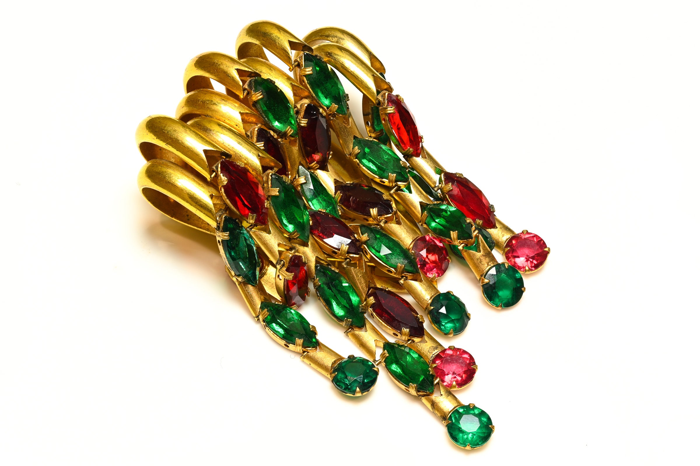 Vintage 1940's Red Green Crystal Tassel Clip Brooch 1