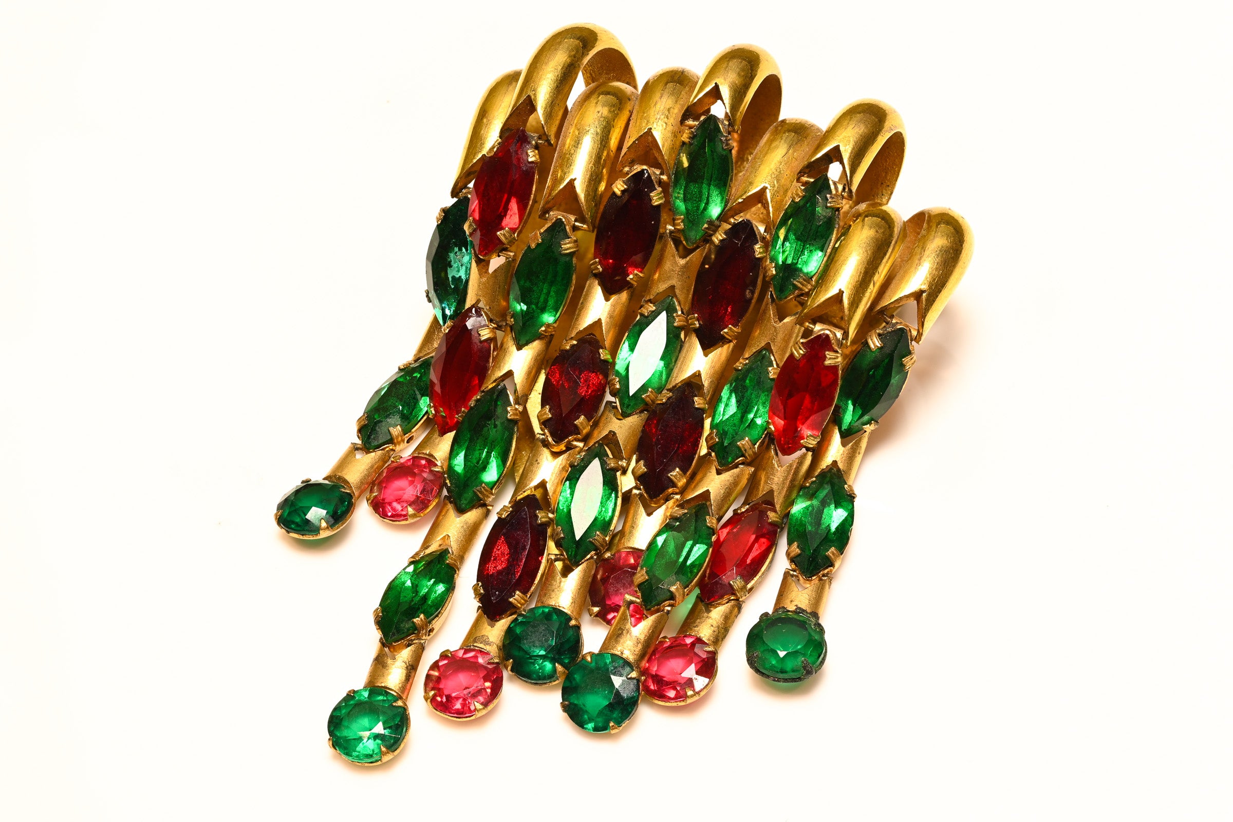 Vintage 1940's Red Green Crystal Tassel Clip Brooch
