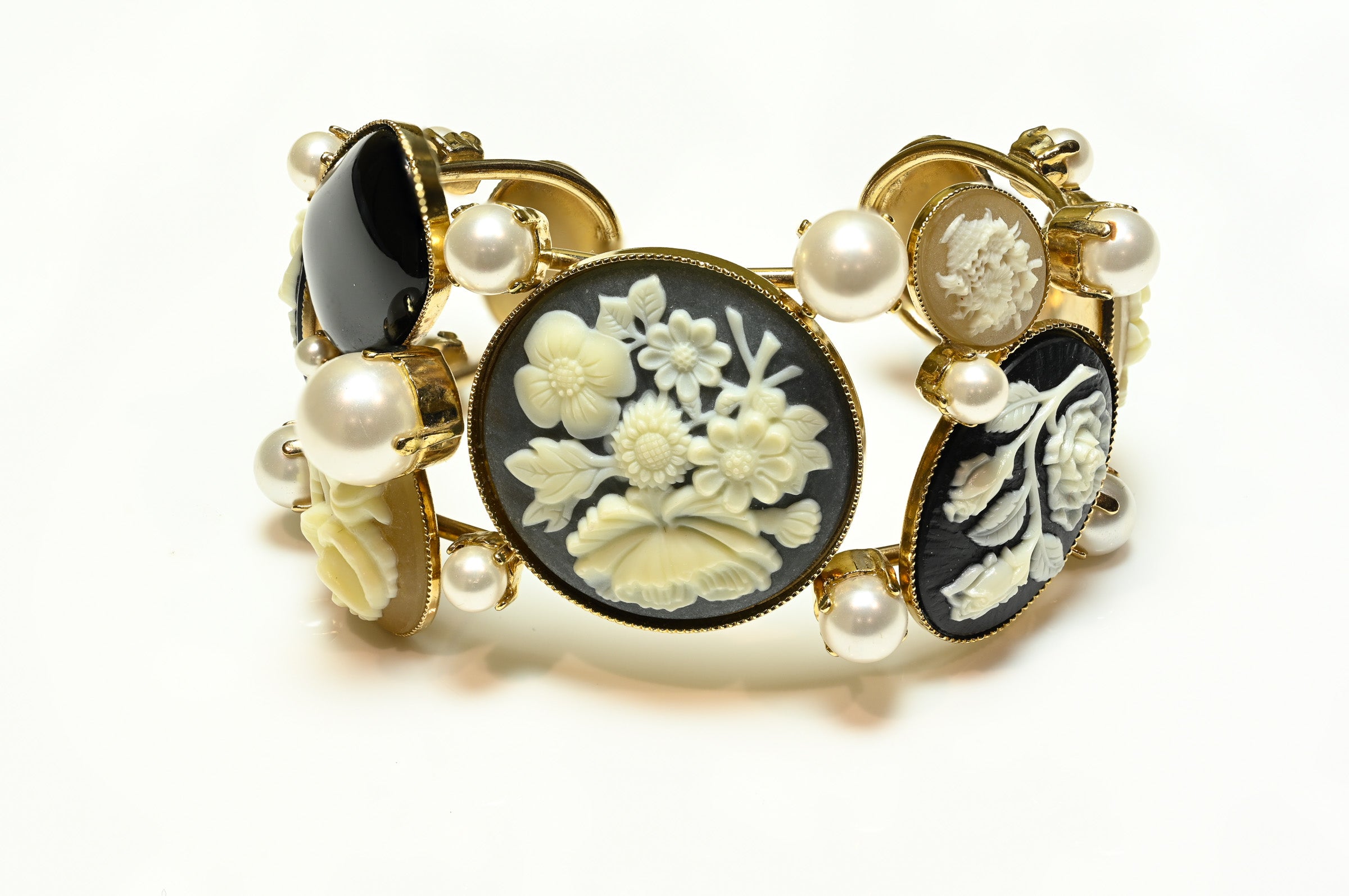 Philippe Ferrandis Paris Flower Cameo Pearl Cuff Bracelet