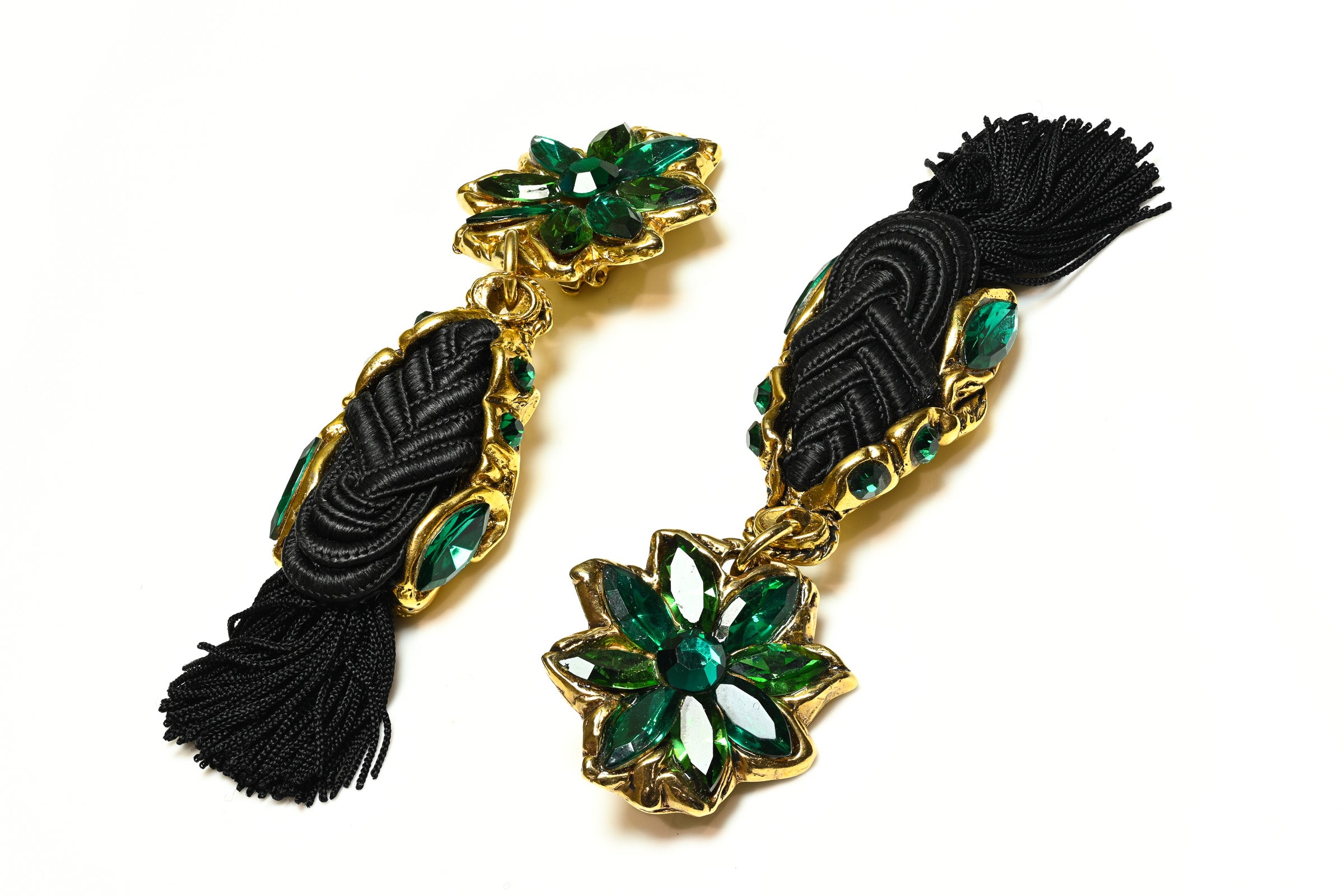 Kalinger Paris 1980's Green Crystal Black Tassel Long Earrings 1