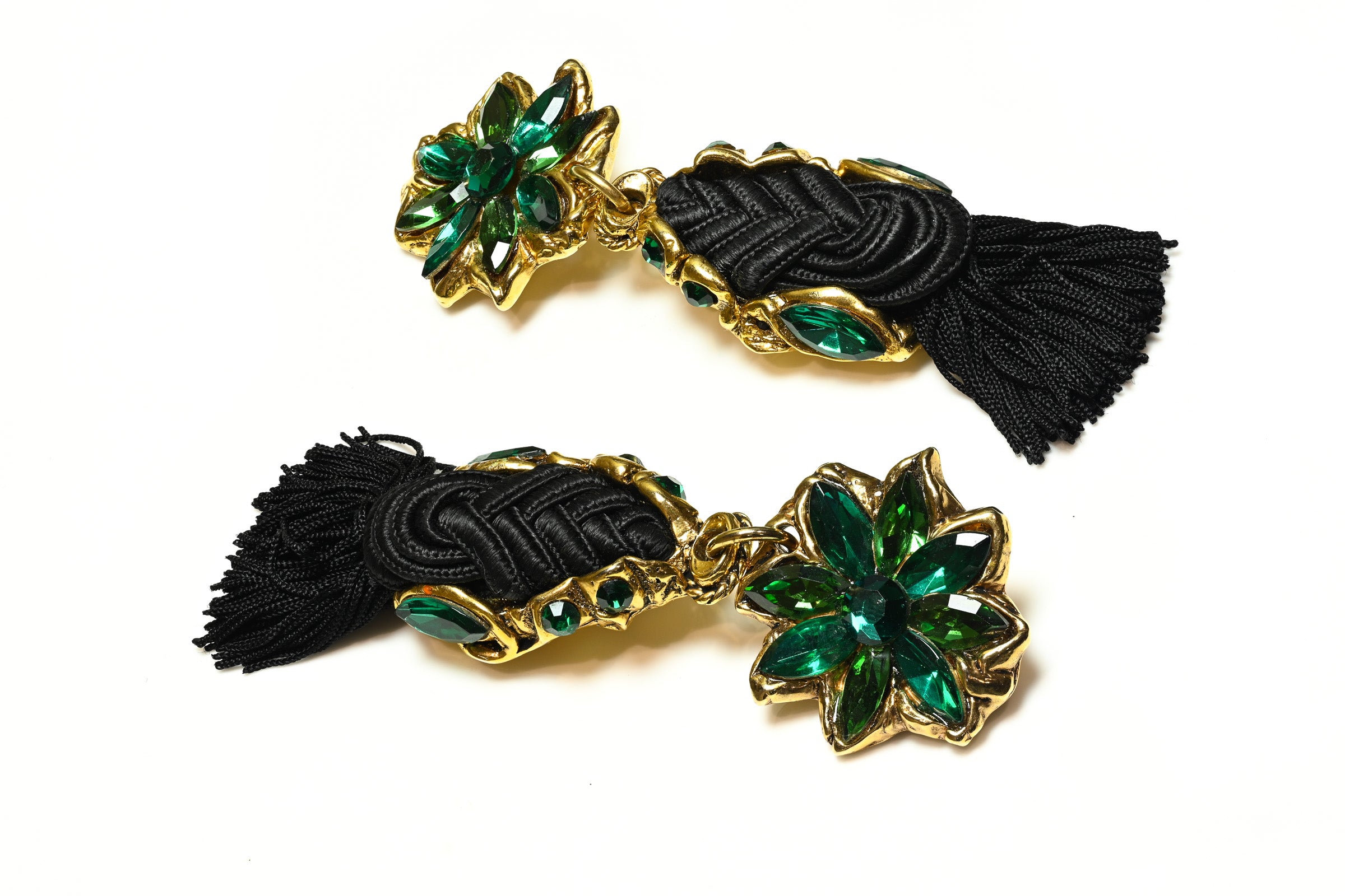 Vintage Kalinger 1980's Green Crystal Black Tassel Long Earrings