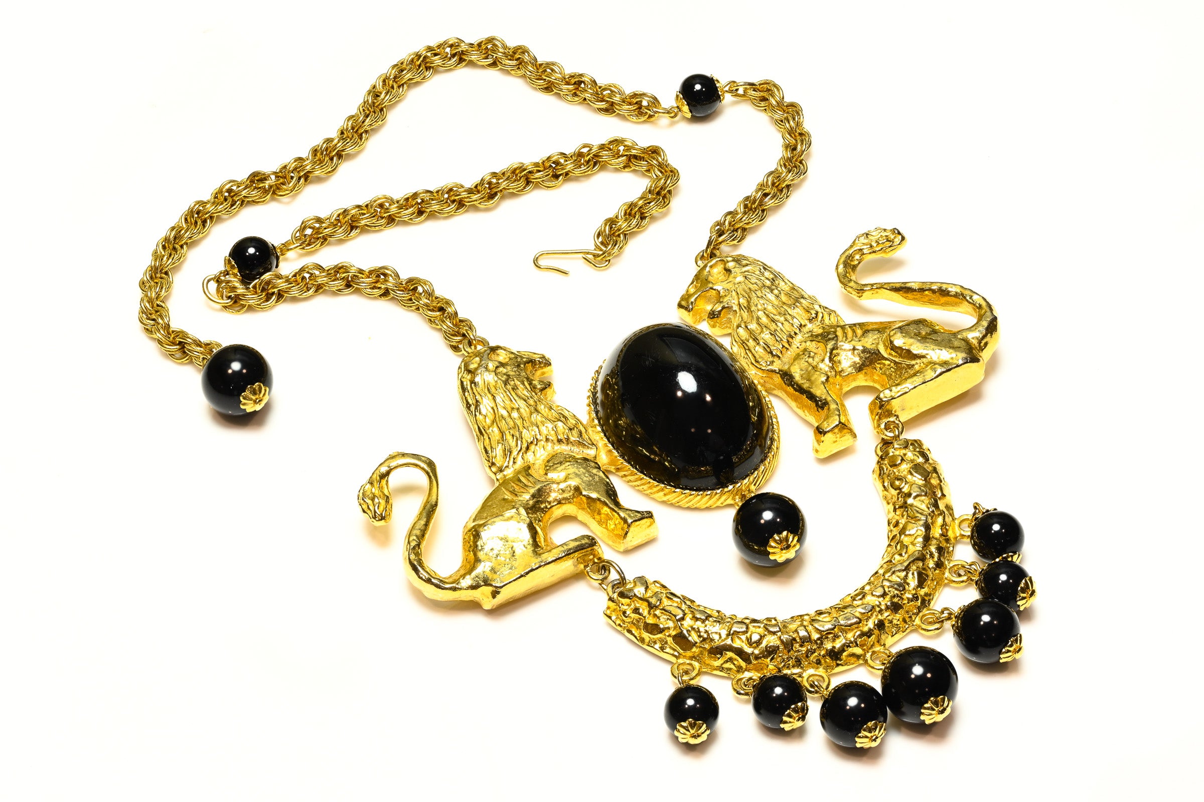 Vintage Donald Stannard Gold Plated Black Beads Lion Necklace