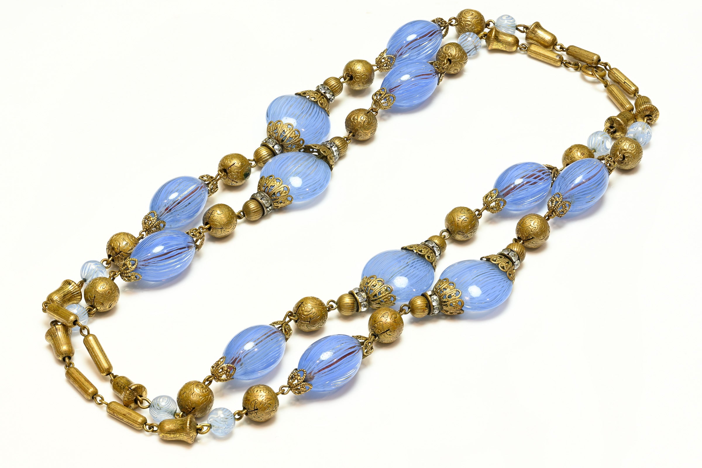 Vintage 1940's Miriam Haskell Blue Glass Beads Chain Sautoir Necklace