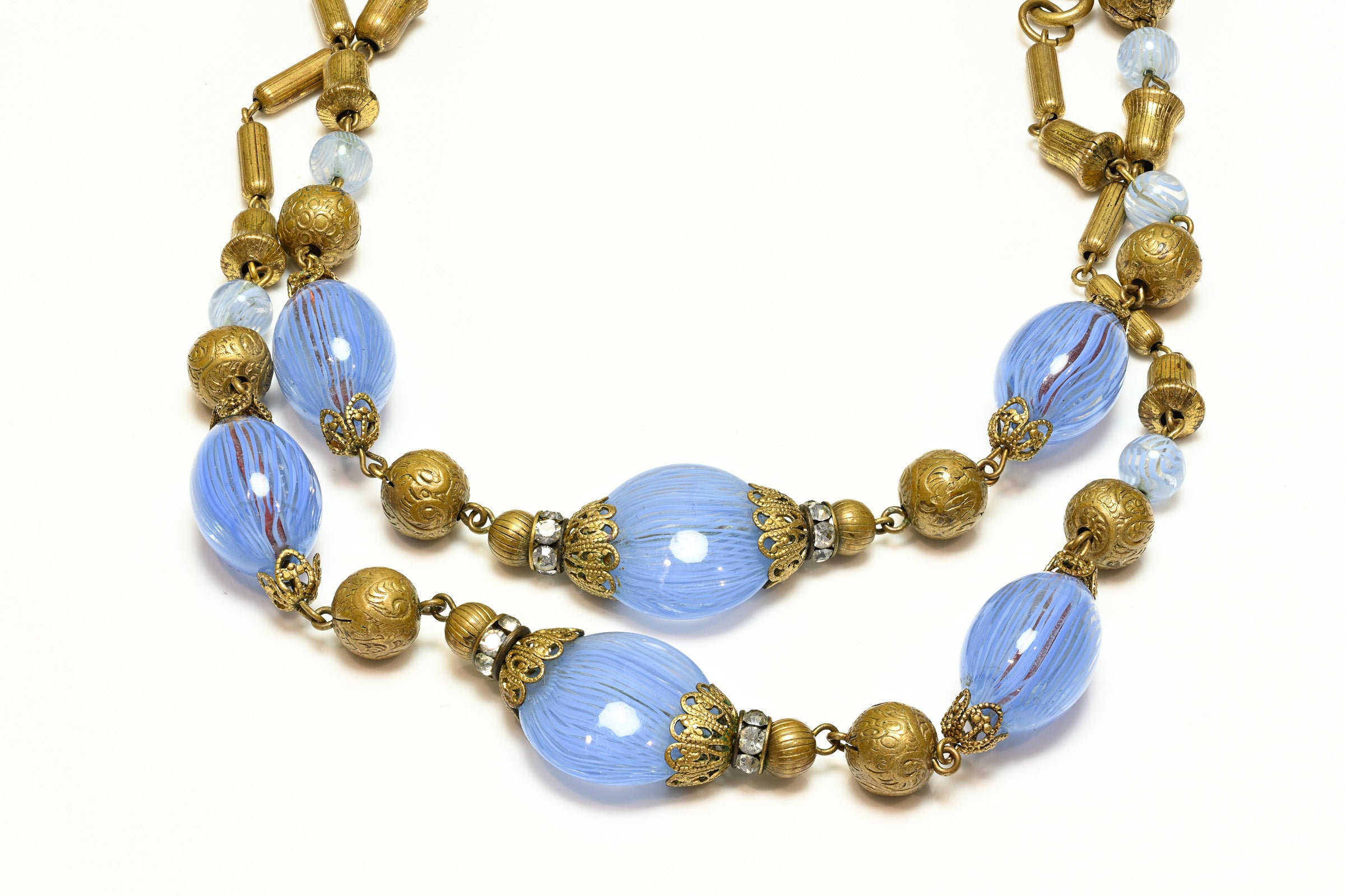 Vintage 1940's Miriam Haskell Blue Glass Beads Chain Sautoir Necklace 1
